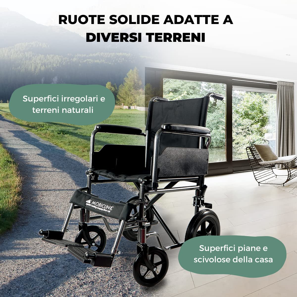 Mobiclinic®, Sedia a rotelle, S230, Pieghevole e leggera, Seduta 43 cm, Pedane pieghevoli rimovibili, Braccioli imbottiti, Ruote piccole, Freno di stazionamento pedale