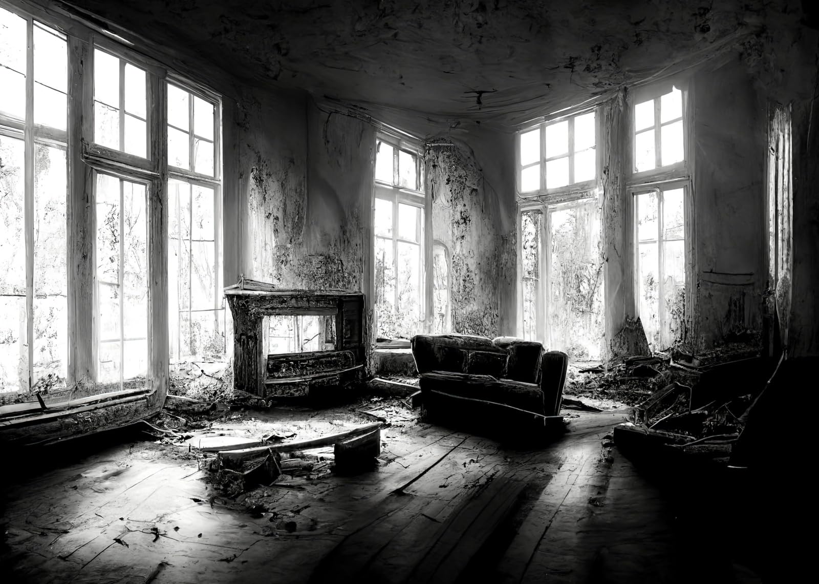 10x6.5FT (3x2m) Salotto Abbandonato In Bianco E Nero Sfondo Fotografico