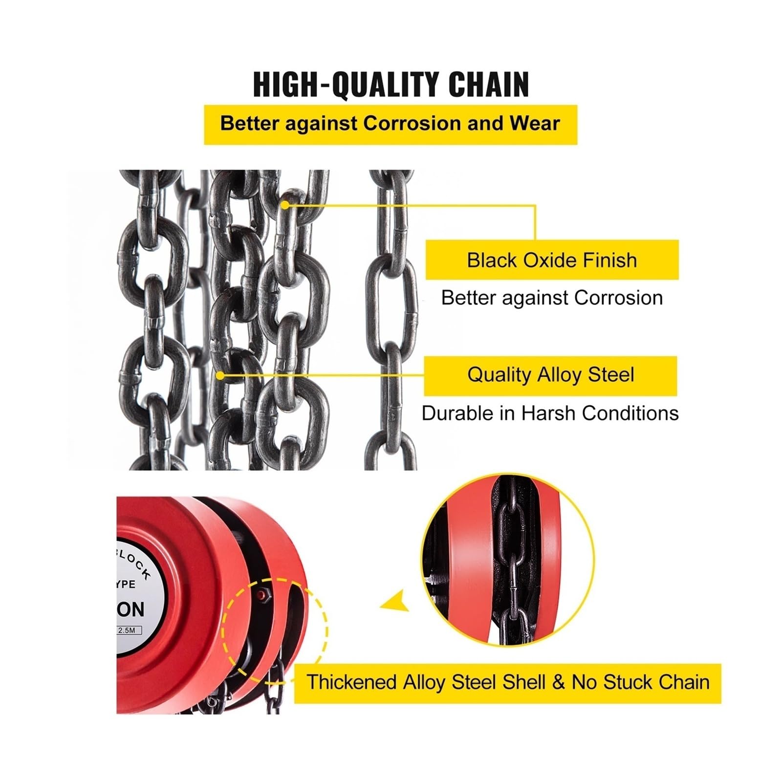 Paranco a Catena Blocco a Catena 1/2 tonnellata (2200/4400/6600 libbre) capacità 8/15 Piedi Altezza di Sollevamento Costruzione in Acciaio Rosso Giallo(Red 2Ton (8ft Lift))
