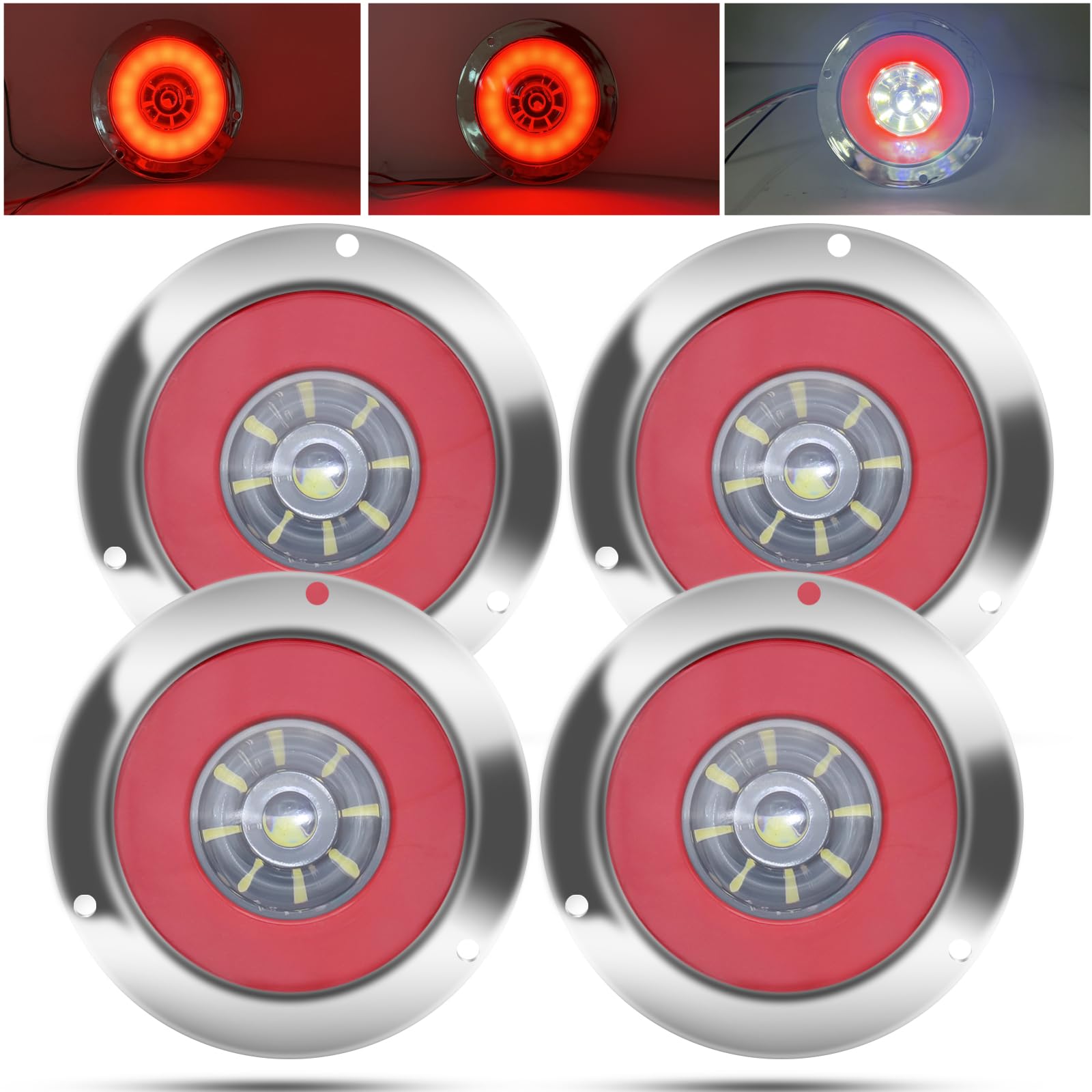 Biqing 4pcs 4" Feux Remorque LED Rond,12V 24V Led Feux Arrière de Remorque Rouge Feux Stop Blanc Feu de Recul Lamp Avec Lunette Chromée Eclairage pour Remorque Camion Van Remorque RV