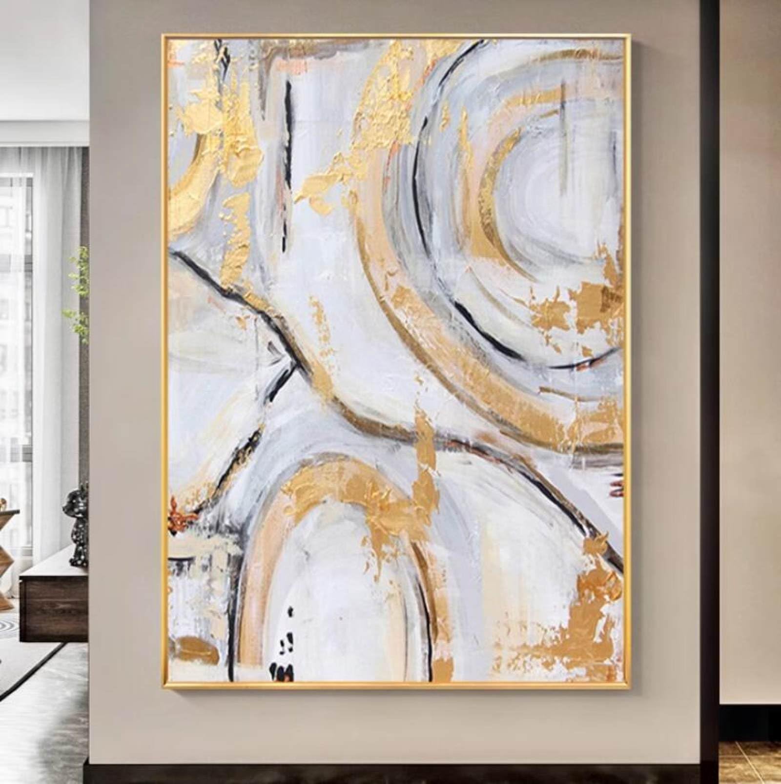 Peinture à l'huile abstraite faite à la main toile texturée luxe lignes dorées salon