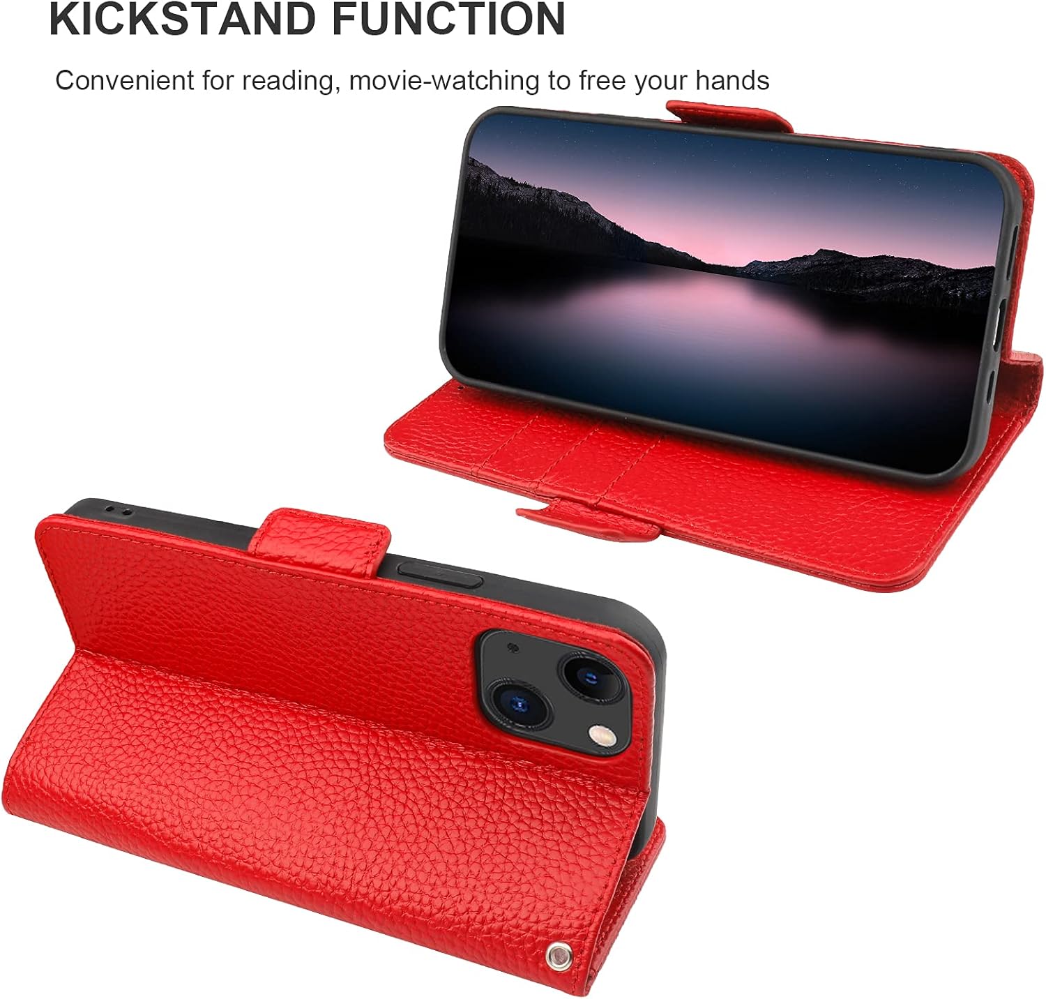 Bocasal Wallet Case for iPhone 13 5G, Genuine Leather Support Wireless Charging RFID Blocking Flip Case Card Slots Holder, Kickstand Book Folding Folio Cover with Wrist Strap 6.1 Inch(Red)