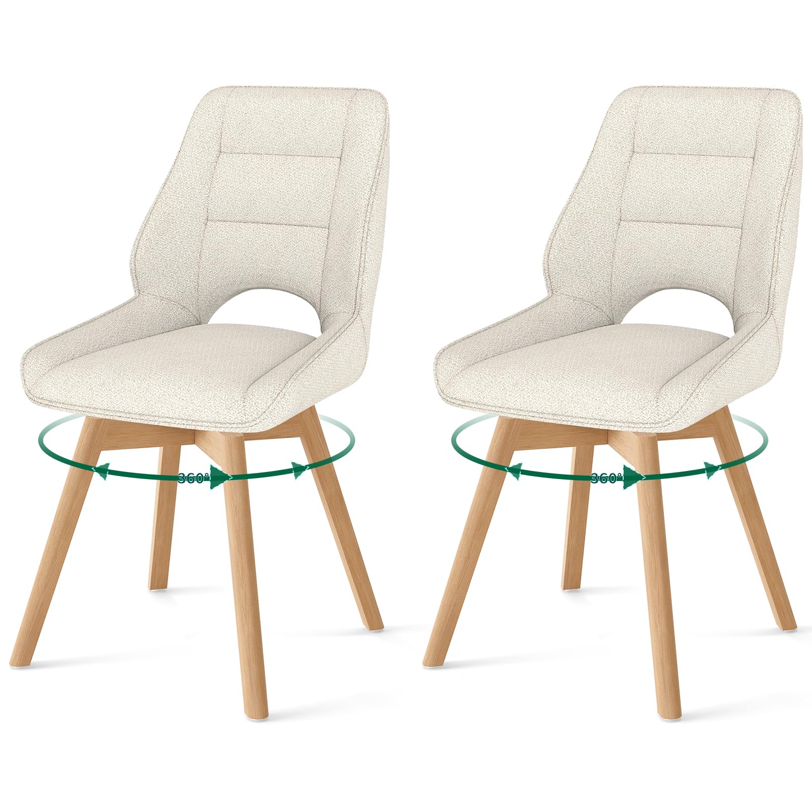 LONGTOO Dining Chairs Wooden Legs Set of 2 Rotates 360°, Dining Chairs with Low Armrests, Chair with Beech Legs Suitable for Dining Room, Kitchen, Living Room and Dressing Table,beige
