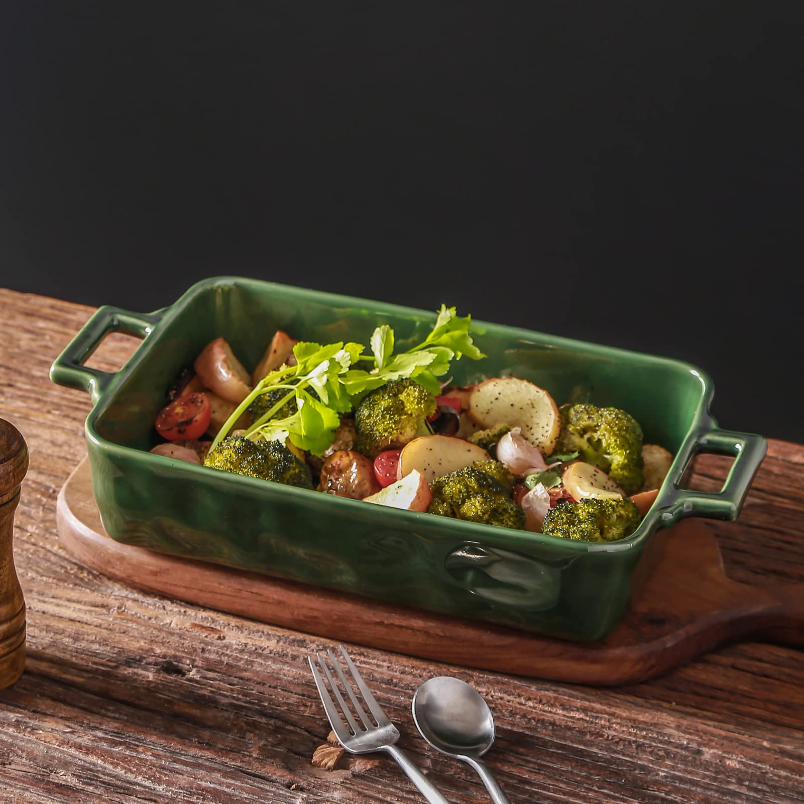 VICRAYS Ceramiczny zestaw naczyń do pieczenia, porcelanowe prostokątne naczynie do pieczenia, patelnia do lasagne, zestaw naczyń do zapiekanek, do gotowania, kuchni, kolacji na ciasto, bankietu i codziennego użytku, 3 szt., 35 x 21 cm (zielony)