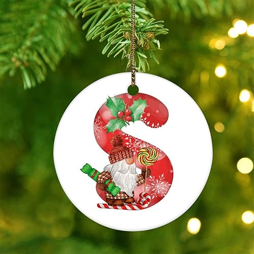 Gnomo de Navidad, monograma rojo, letra S, adorno redondo de cerámica para decoración del árbol de Navidad, divertido adorno de Navidad,