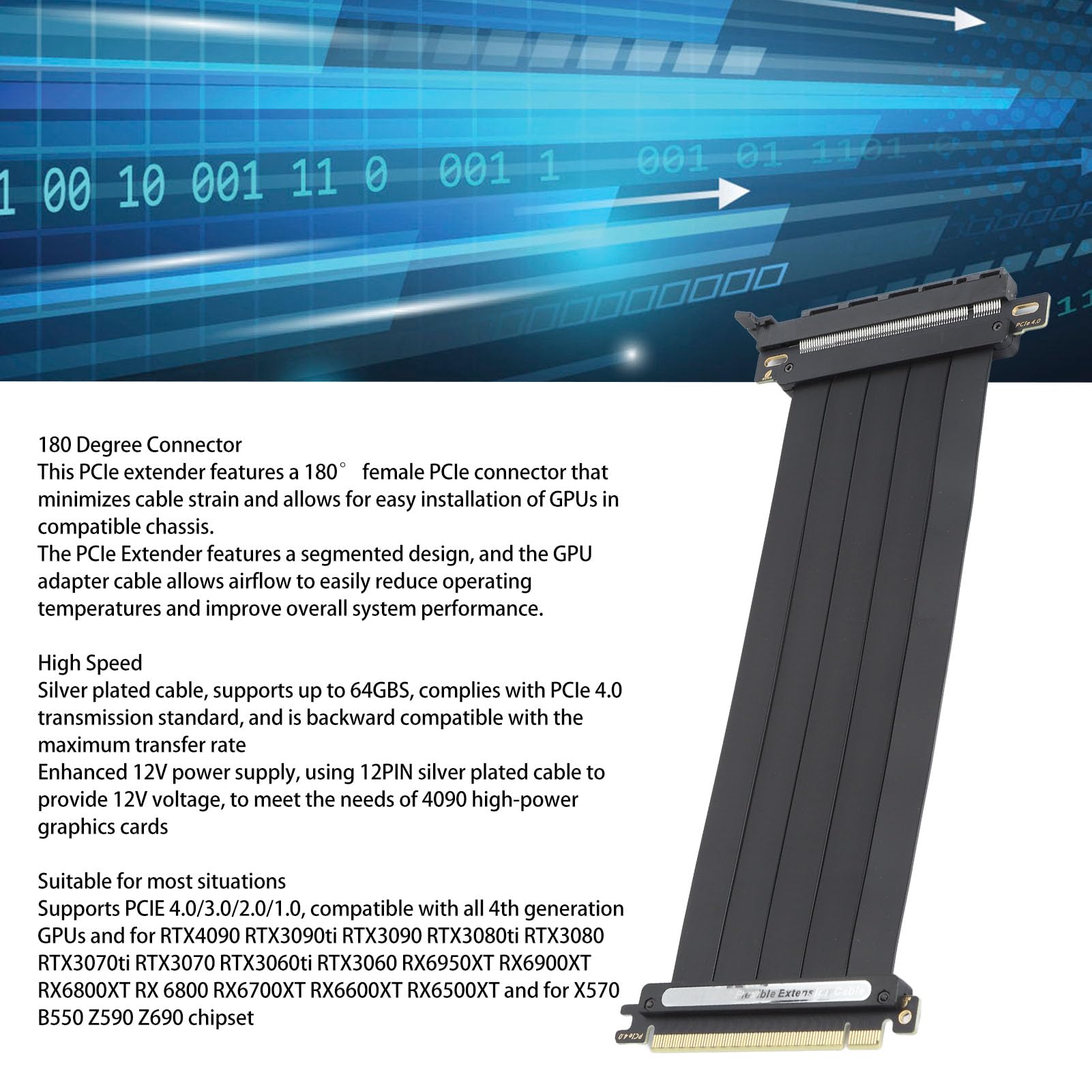 Cavi di Prolunga PCIE 4.0, Cavi Riser GPU, Adattatori per Porte di Prolunga per Cavi Flessibili PCIE 16X, Schermato EMI e Connettore a 180°, per Tutte Le GPU di Quarta Gen,