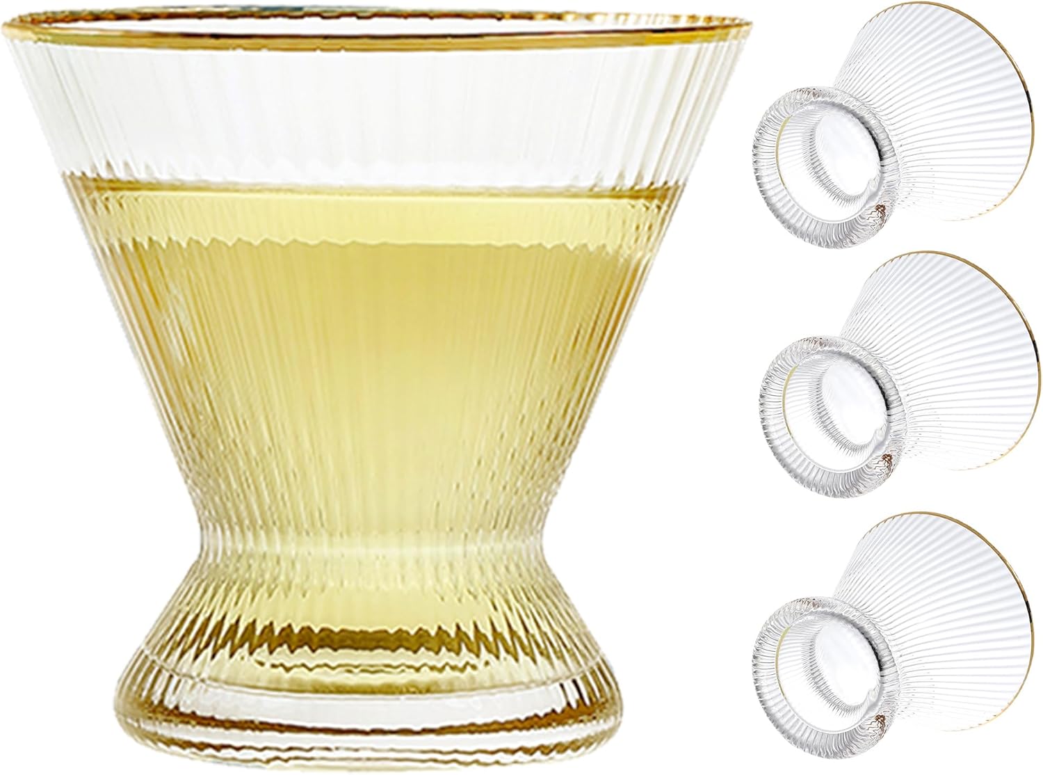 Lysenn Stemless Martini Glasses Set of 4 - Premium Hand Blown Large Cocktail Glasses for Cosmopolitan Manhattan Gimlet - Gifts for Martini Lovers, Bartenders, Housewarming - 10 Fl Oz, Gold Rim