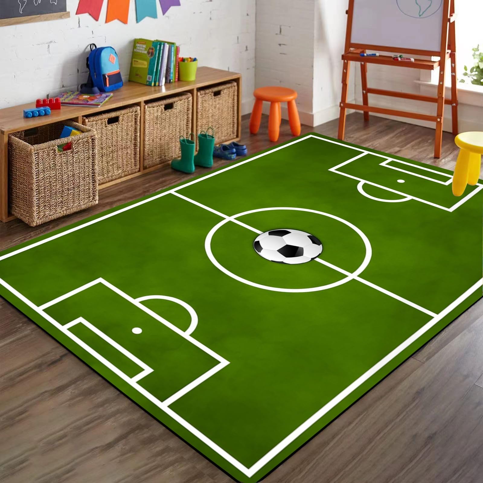 Bycmuoz Cartoon Green Soccer Field Bedroom Rugs, 160x200cm, Basketball Court Playground Floor Area Mats, Durable Low Pile Shed Resistant with Non Slip Backing Foldable Mats for Patio Hallway Porch