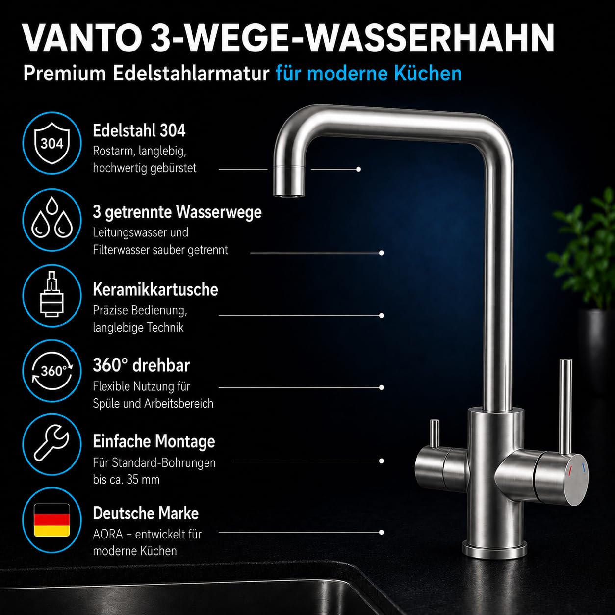 AORA VANTO INOX 3-drożny kran ze stali nierdzewnej, masywny, armatura kuchenna do filtra wody i instalacji osmozy, obracana o 360°, armatura zlewozmywakowa z oddzielnymi przewodami, kran z filtrem