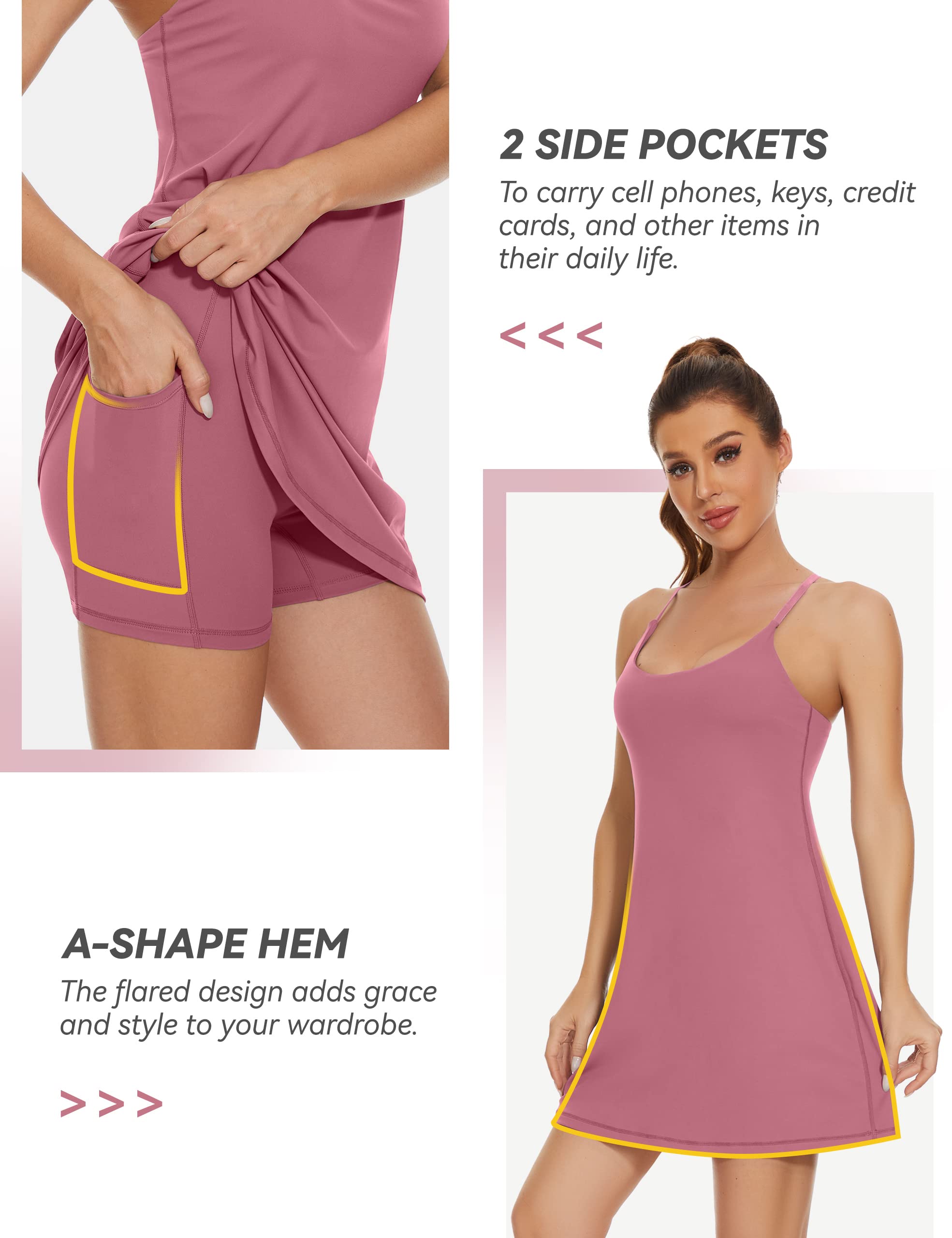 Robe de tennis pour femme, robe d'entraînement de golf 2 en 1 avec soutien-gorge intégré et poches courtes, robe athlétique avec sangle réglable
