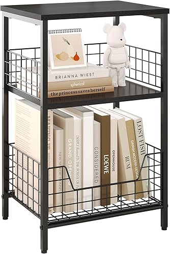 Miniatura 51 de X-cosrack Mesa auxiliar, mesa auxiliar pequeña con almacenamiento, almacenamiento de discos de vinilo, mesita de noche para sala de estar,