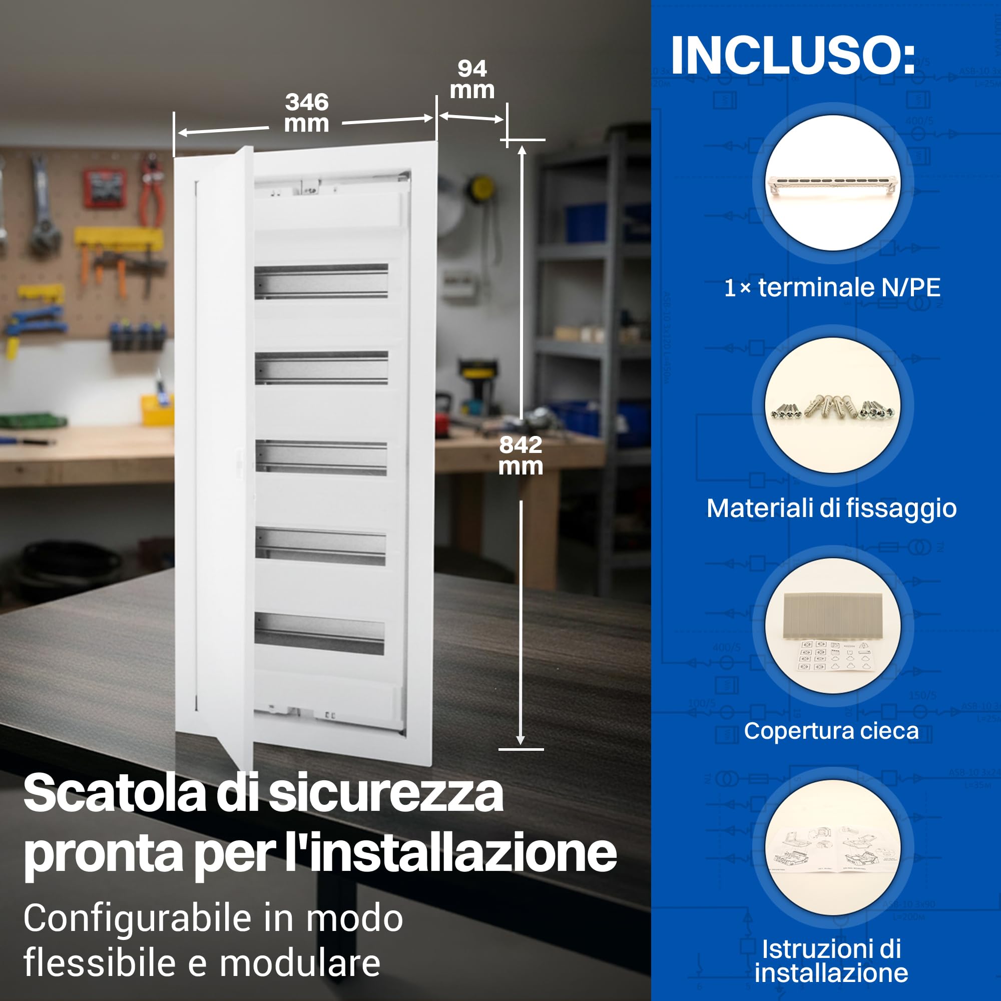 Intratec Quadro Elettrico da Incasso 5 File – Centralino di Distribuzione IP40 per 60 Moduli con Porta Metallica Bianca e Guida DIN per Impianti Elettrici Interni – 346 x 94 x 842mm