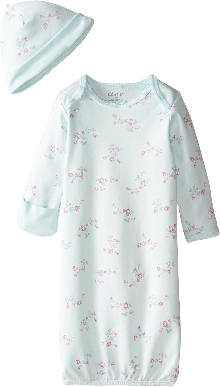 Little Me Baby Girls' Gown and Hat Set, Mint Print, 0-3 Months: Clothing