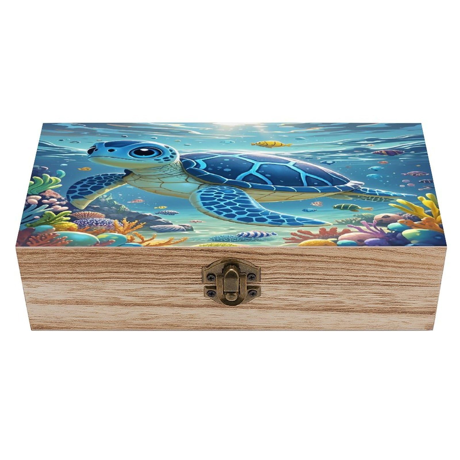 FekiLoot Blue Sea Turtle in Ocean Wooden Storage Box Exquisite Wood Keepsake Box Vintage Wooden Gift Jewelry Case for Crafts And Photo Storage Boxes