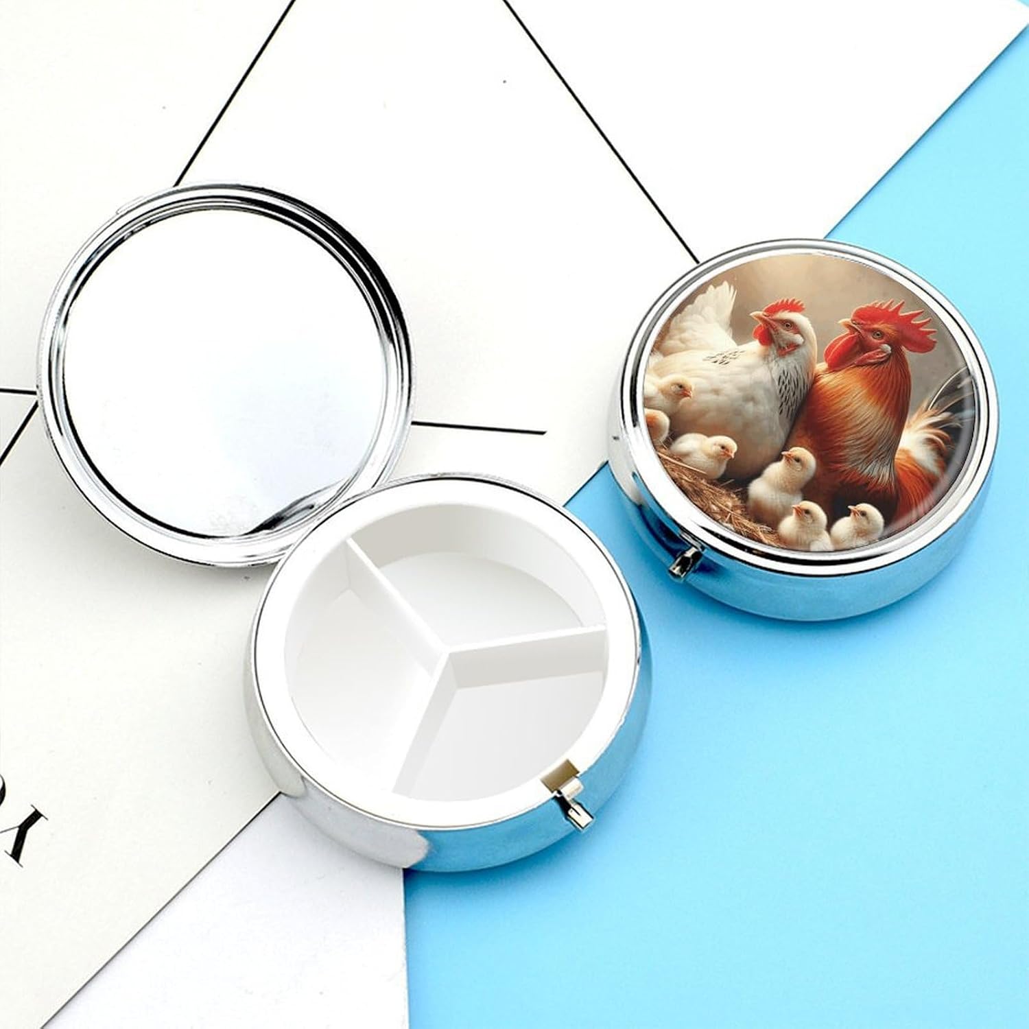 Round Silver Pill Box Small Pill Case for Purse and Pocket 3 Compartment