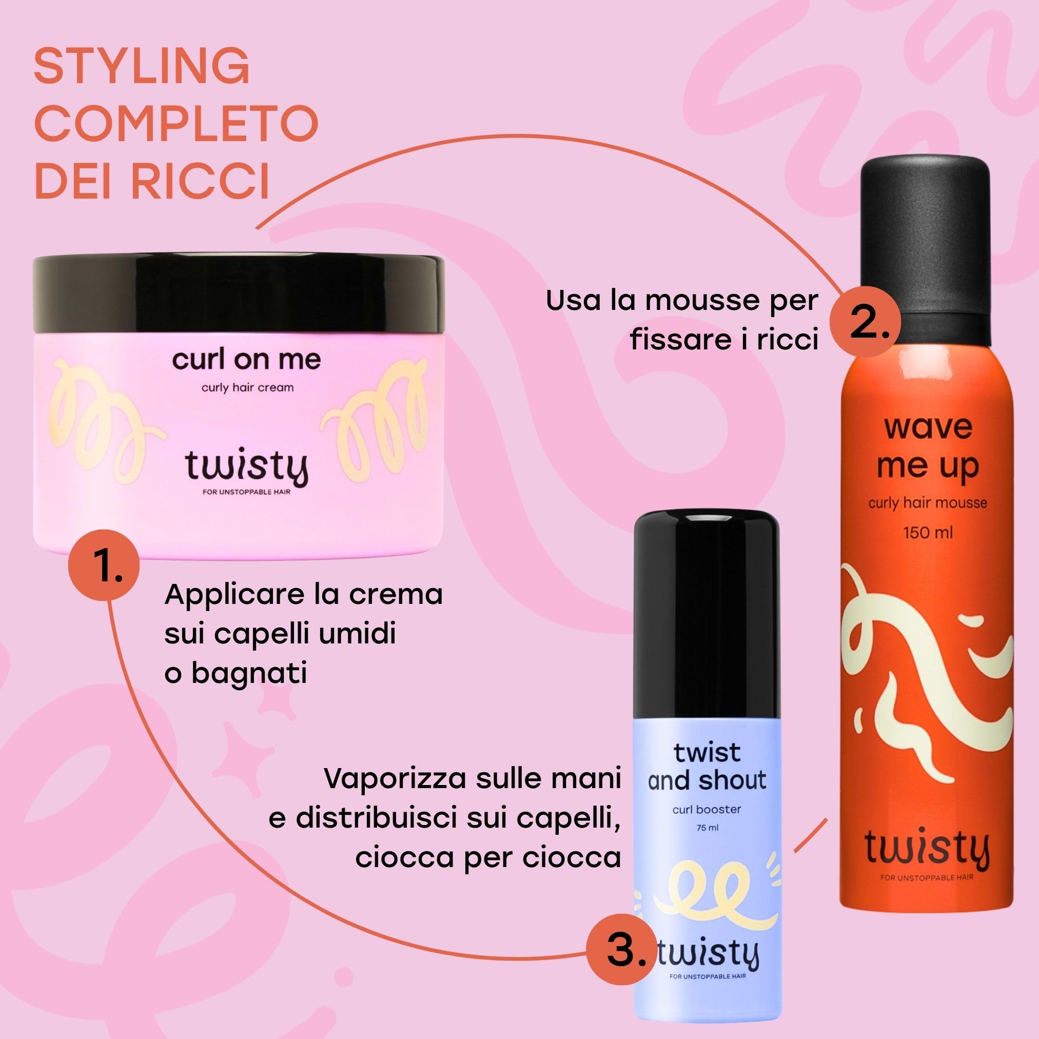 TWISTY Set Styling – Crema Ricci, Schiuma Capelli e Curl Booster – Kit Completo per Capelli Ricci e Mossi Definiti