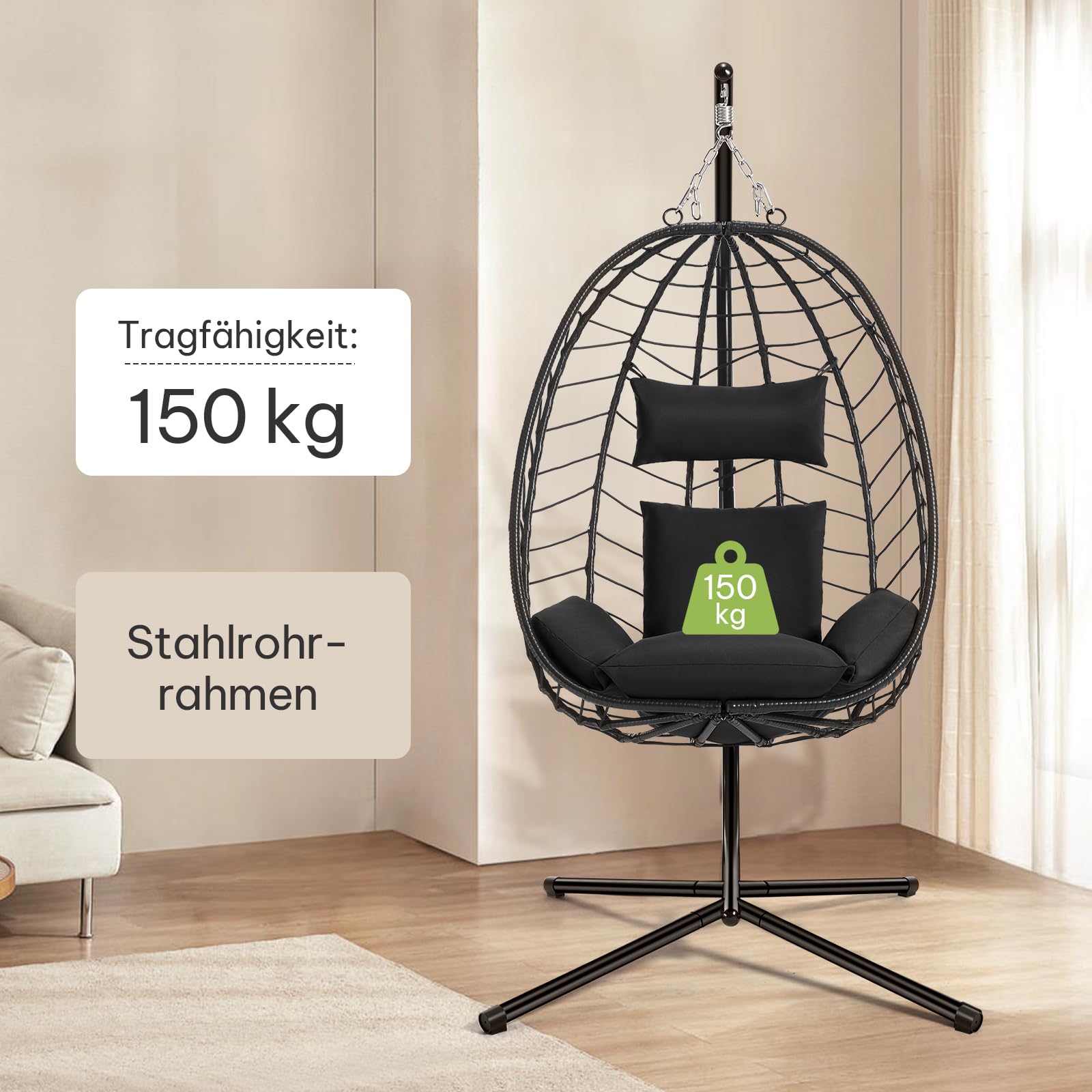 Laneetal Hängesessell mit Gestell Outdoor und Indoor, 150 kg Tragfähigkeit, PE-Rattan, Metallgestell, für Garten, Balkon, Terrasse, Wohnzimmer, 102 x 196 x 100 cm, Anthrazit