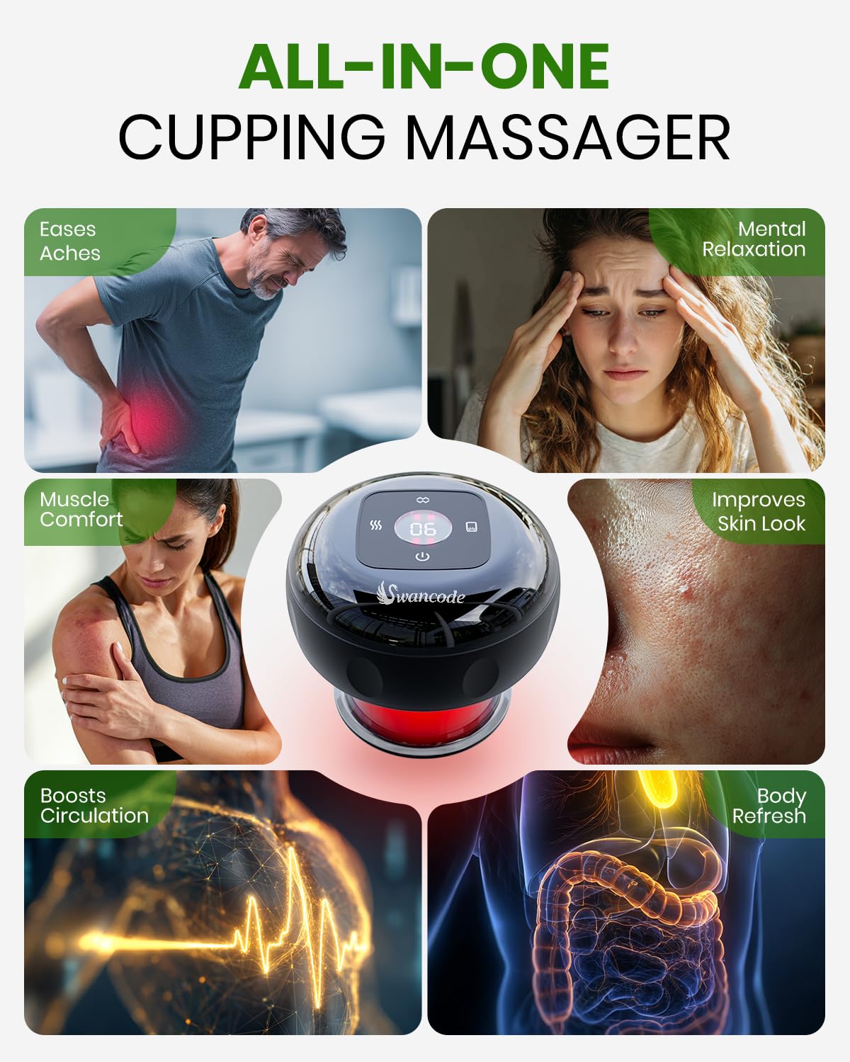 Set di 2 coppettazioni dinamiche intelligenti 5 in 1, dispositivo elettrico per coppettazione con luce rossa, massaggiatore riscaldato con aspirazione e calore a 12 livelli, macchina per coppettazione