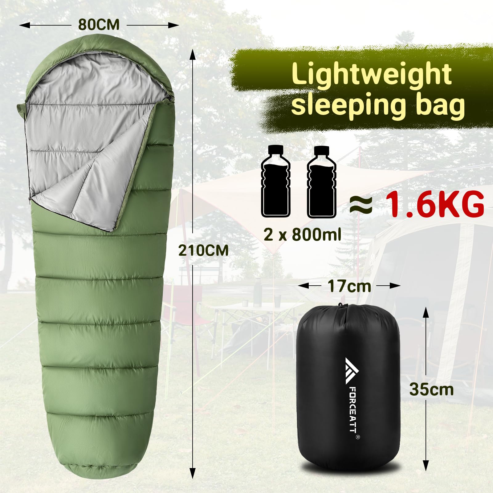 Forceatt Schlafsack, 5℃~15℃ 4 Jahreszeiten Winter Mumienschlafsack (1600g), Outdoor Erwachsene Wasserabweisend Schlafsäcke für Camping, Reise, Festival Sport & Freizeit