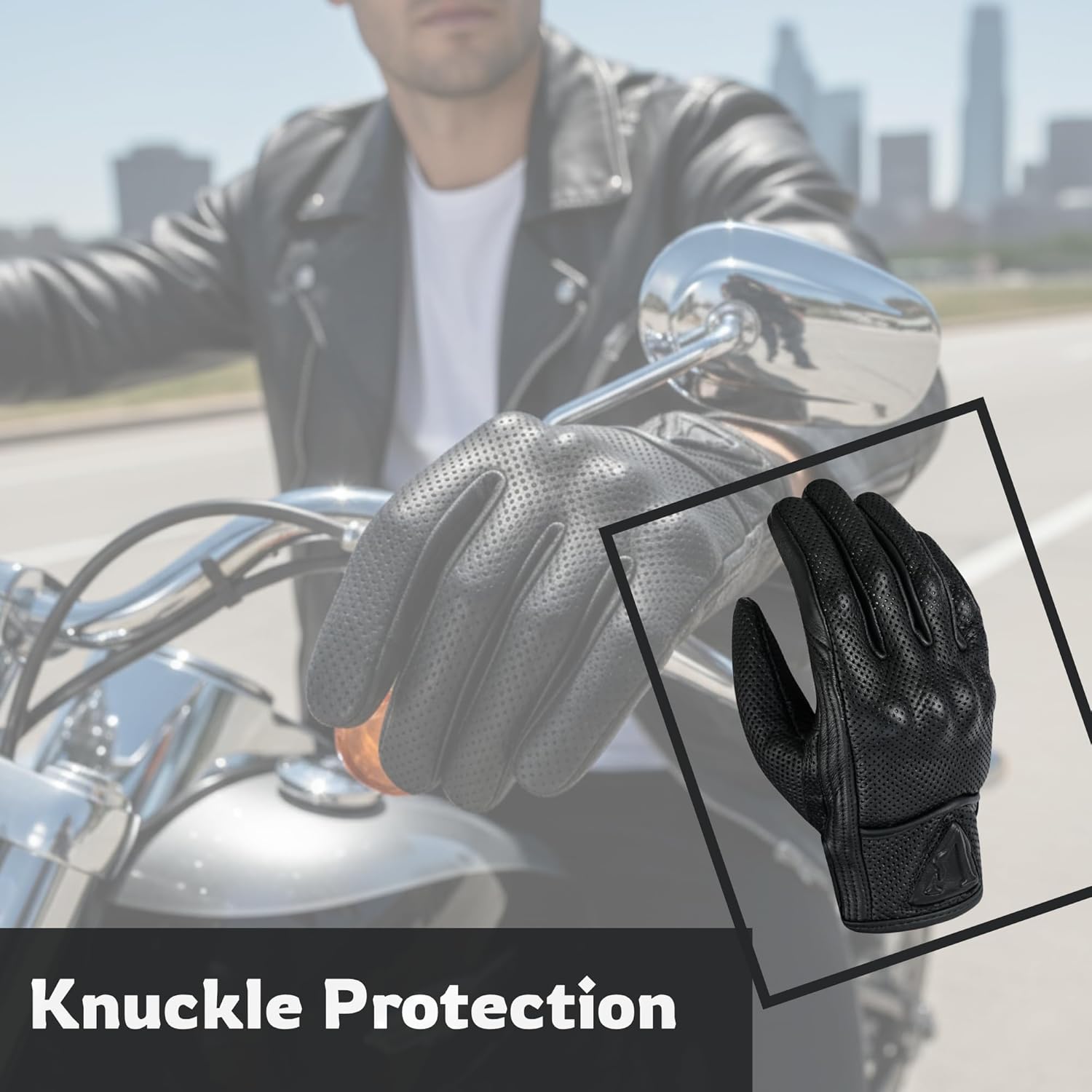 Men's Perfect Motorcycle Perforated Black Leather Gloves – 100% Genuine CowhideLeather-Knuckle Protection-Comfortable Leather Gloves for Men
