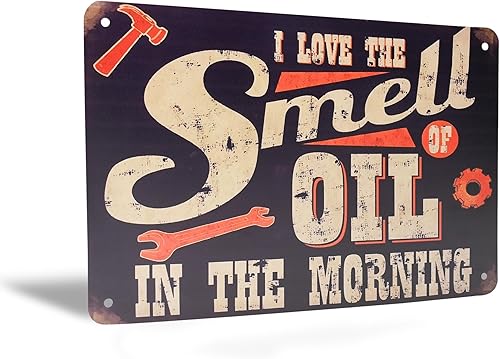 Divertido letrero de metal con texto en inglés "I Love the Smell of Oil in Morning Sign" Novedad Hombre Cueva Garaje Tienda Decoración de pared