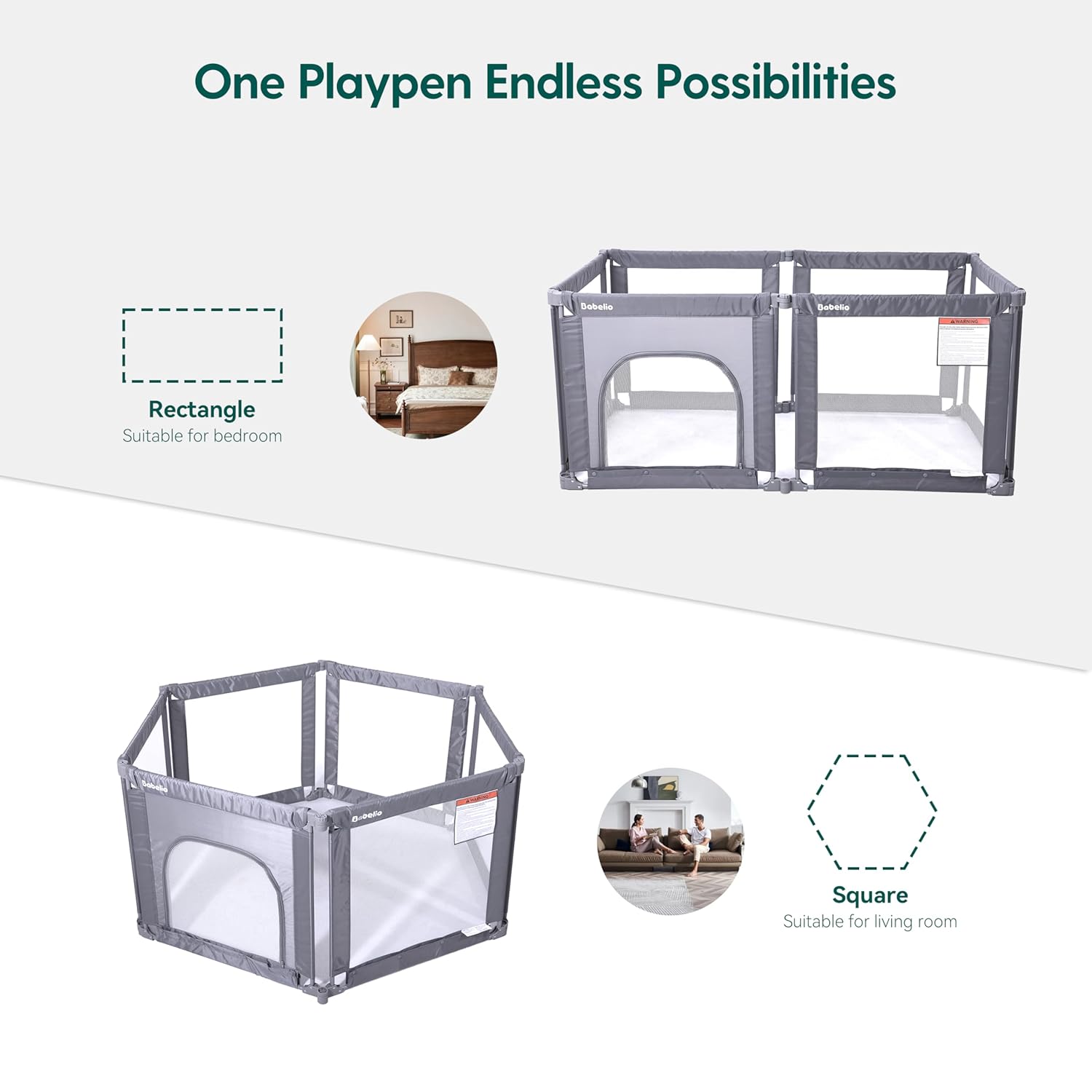 Babelio Wall Mountable Playard, Foldable Playpen for Babies and Toddlers- Adjustable Shape & Area, 62 * 31 Playpen with Zipper Gate, Portable Baby Fence for Indoor & Outdoor