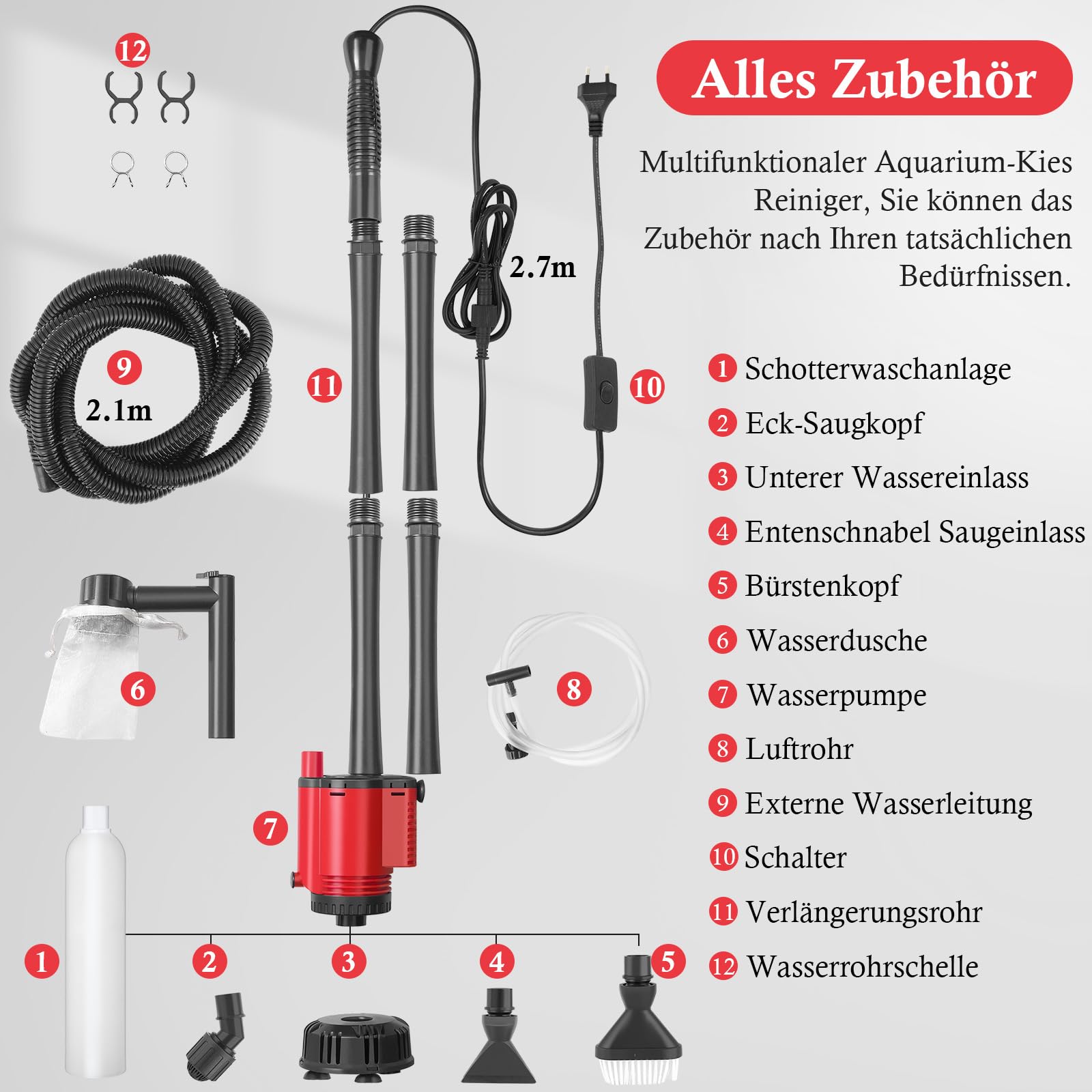 FEDOUR 30W Aquarium-Kiesreiniger, Multifunktioneller elektrischer Aquarium-Wasserwechsler, herausnehmbarer Vakuum-Sandwäscher, Algenreiniger, Wasserdusche-Set