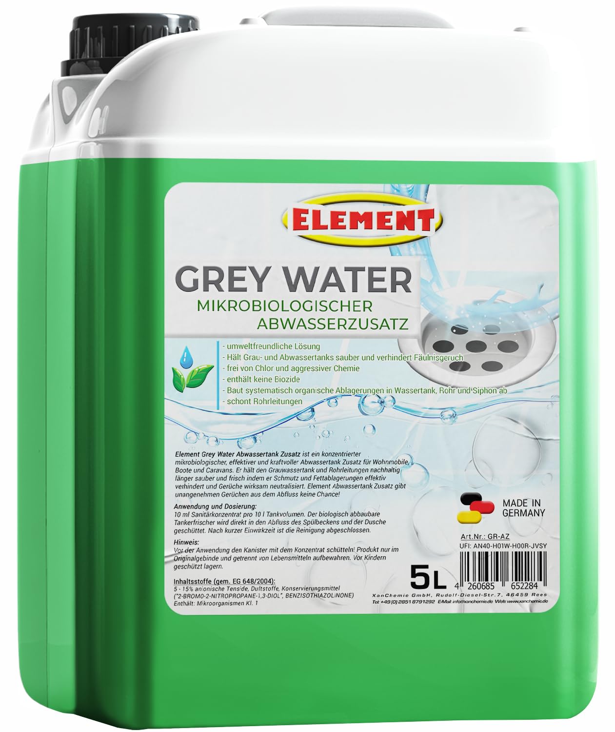Additif pour réservoir d'eau grise pour camping-car - 5 litres - Concentré - Additif microbiologique pour réservoir d'eau grise - Nettoyant contre les odeurs désagréables - Additif pour réservoir