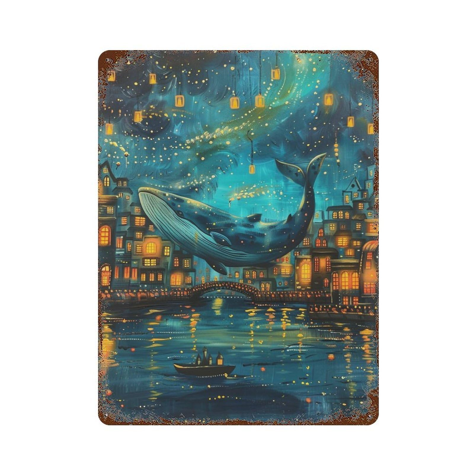 Whale in Fantasy Cityscape-1 Weathered Tin Sign 15.7"x11.8", Rustic Home Decor for Office, Studio And Wall Decor