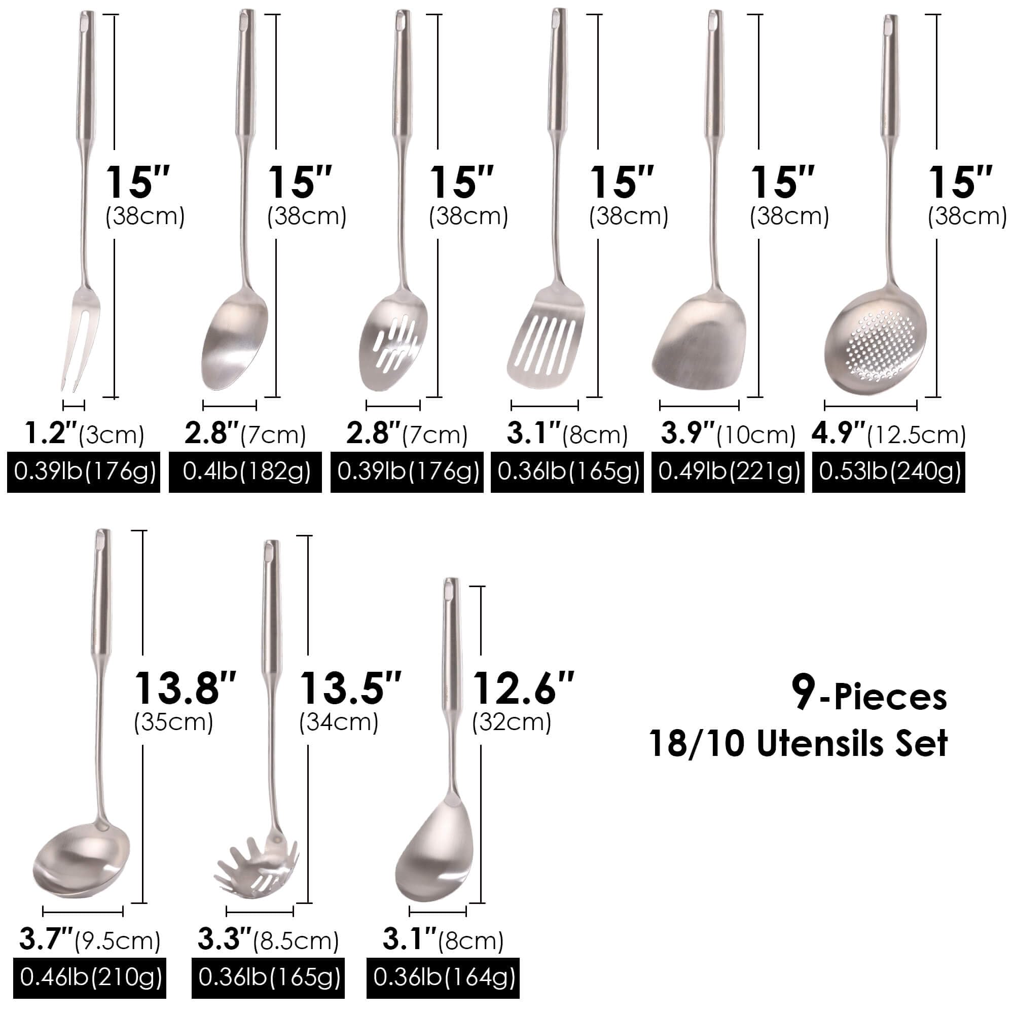 Standcn Küchenutensilien-Set aus 304 Edelstahl, 9-teiliges Metall-Kochwerkzeug-Set mit Fleischgabel, massivem Löffel, Schlitzlöffel, Spatel, Schöpflöffel, Schaumlöffel, Spaghettiheber, großer Löffel