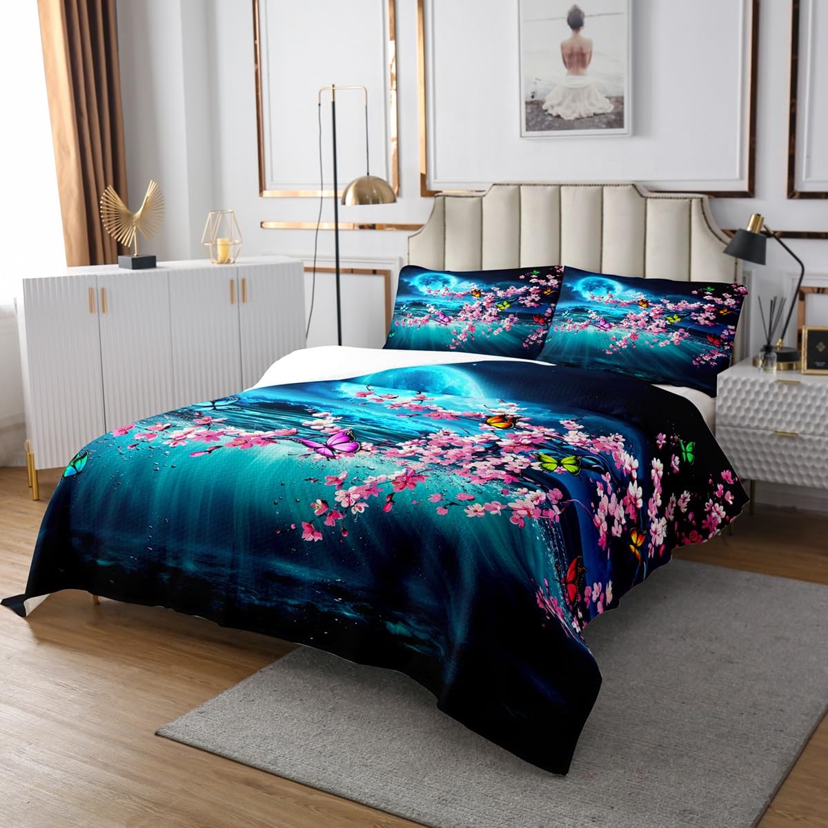 Castle Fairy Blue Ocean Quilt Set for Kids Teens,Moon Night Sky Bedspread,Pink Cherry Blosoom Bed Cover Black Blue Bedding Set Decorative Quilted Coverlet Set,Twin Size