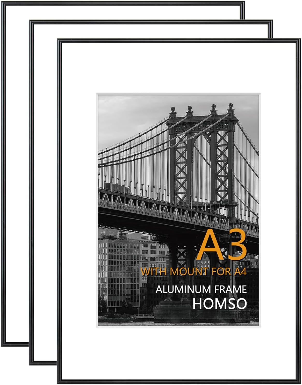 - Homso A3 Picture Frame in Black 3 Packs, Metal Thin Board A3 Frame with Acrylic Plexiglass for Pictures A4 with Mat or 11.7 x 16.5 without Mat for Horizontal and Vertical