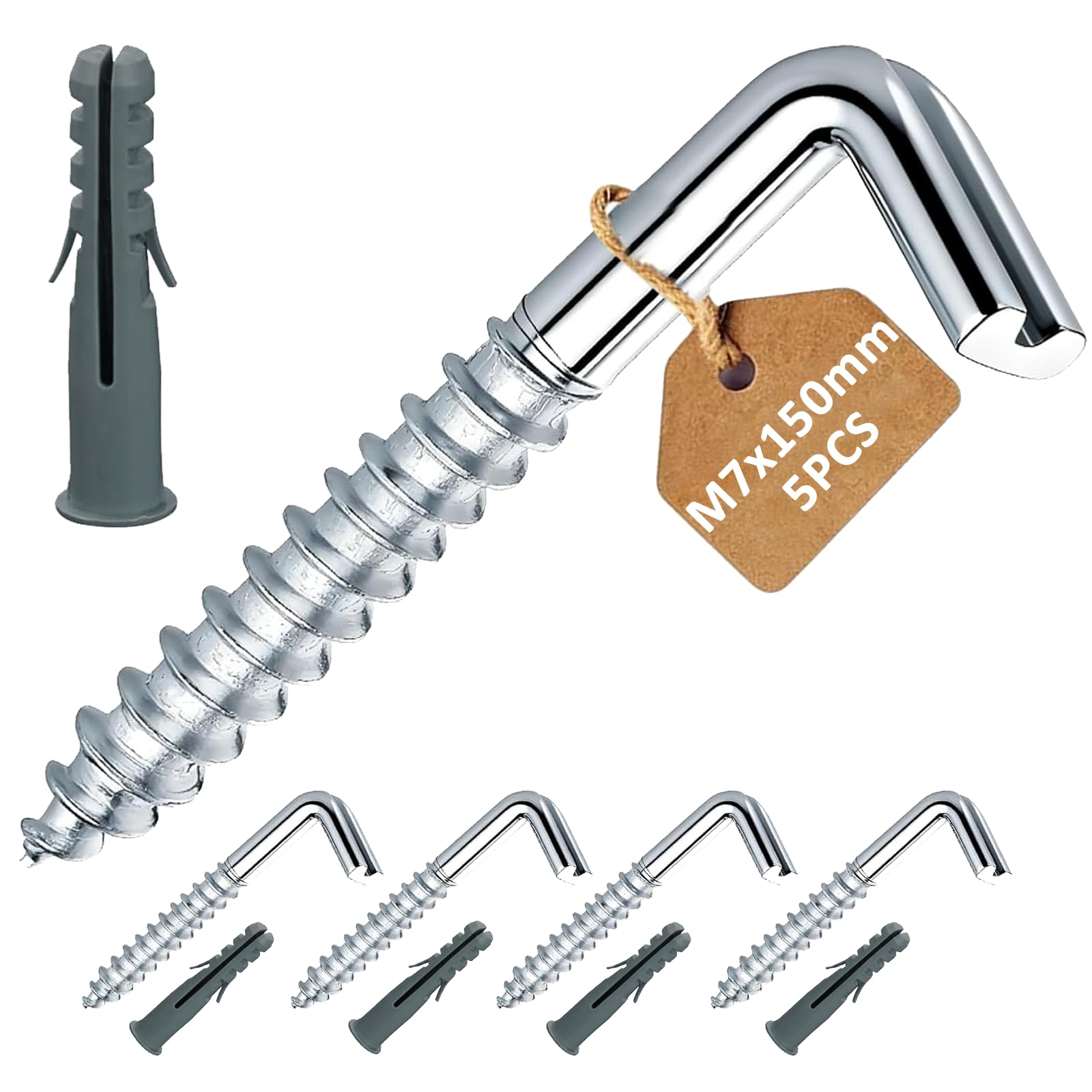 5 Pcs Screw in Hooks, Wall Hooks Heavy Duty-50kg Loaded, for Hanging Picture Towel, Metal Washing Line/Cup/Bathroom/Door/Hook, Coat Hooks Wall Mounted, with Expansion Bolts,1/L Shape, M7 x 150mm