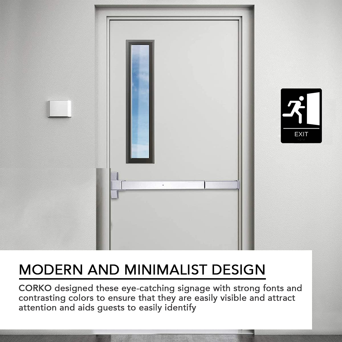 Corko Signs Braille Señal de salida para puerta o pared, ADA compatible con cinta adhesiva de doble cara 3M para asegurar perfectamente en menos de un minuto