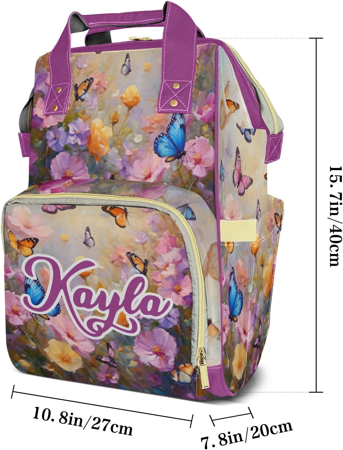 XOZOTY Mommy Nursing Bag with Custom Personalized Name, Multifunctional Colorful Fuchsia Floral Butterfly Diaper Bag, Gift Backpack for Picnic Travel Vacation