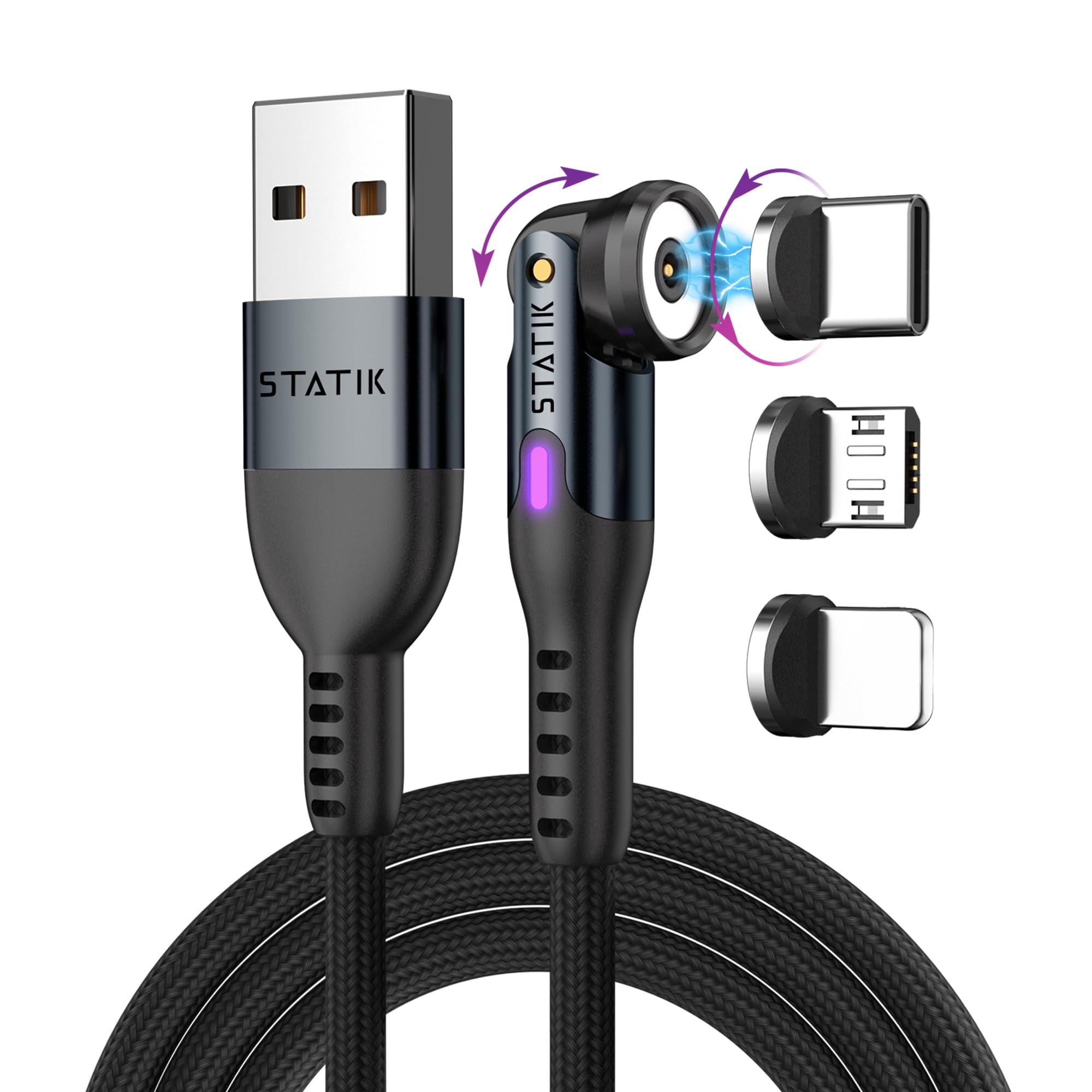 Statik 360 Magnetic Charging Cable - Type C Charger 3 in 1 USB C to USB C Cable, Micro USB & iProduct Tips, USB A Adapter, Phone Charger Cord,