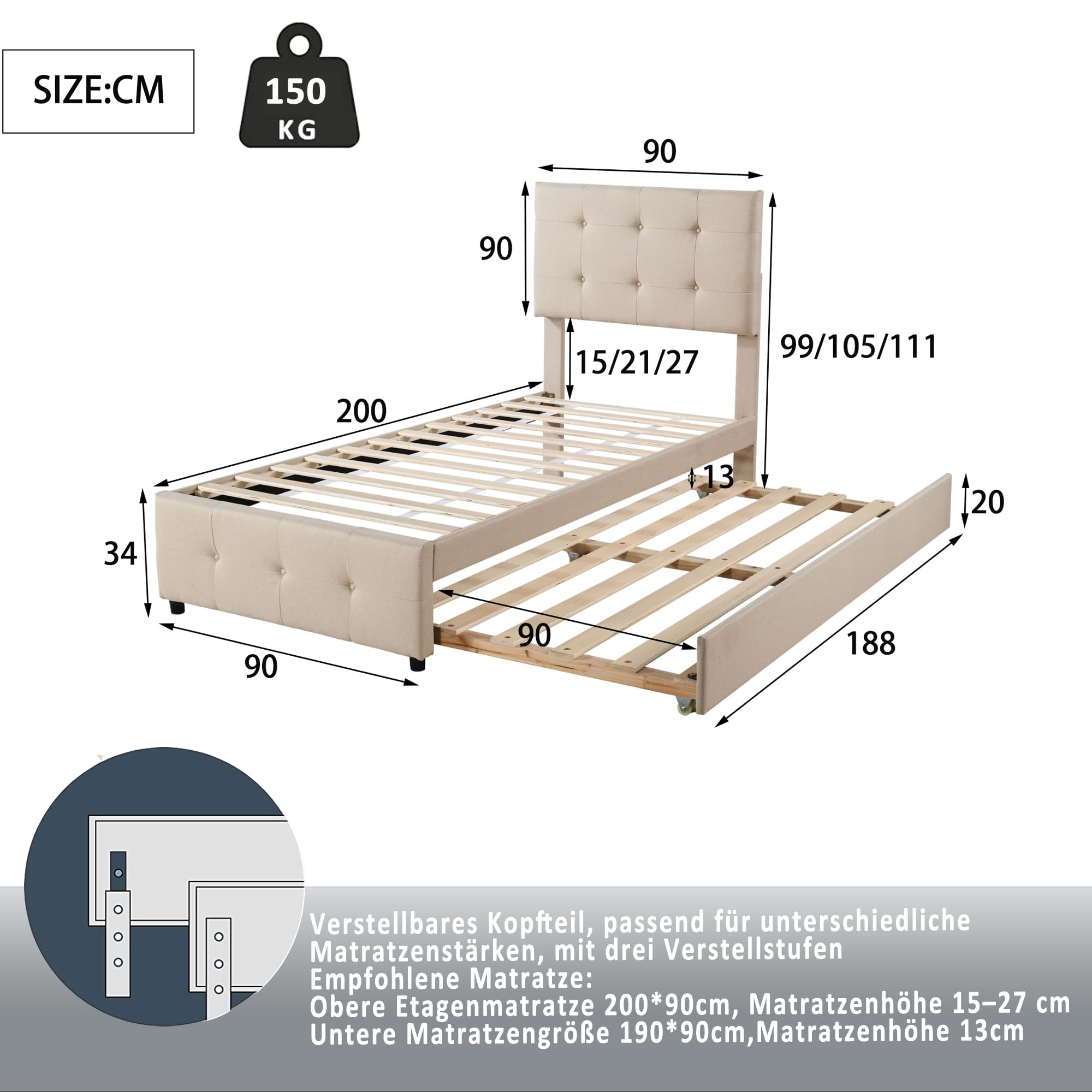 Cama tapizada de 90 x 200 cm, cama nido extraíble, cabecero ajustable, acolchado de lino agradable al tacto, cama individual plana, cama para niños, cama juvenil, cama de invitados (beige)
