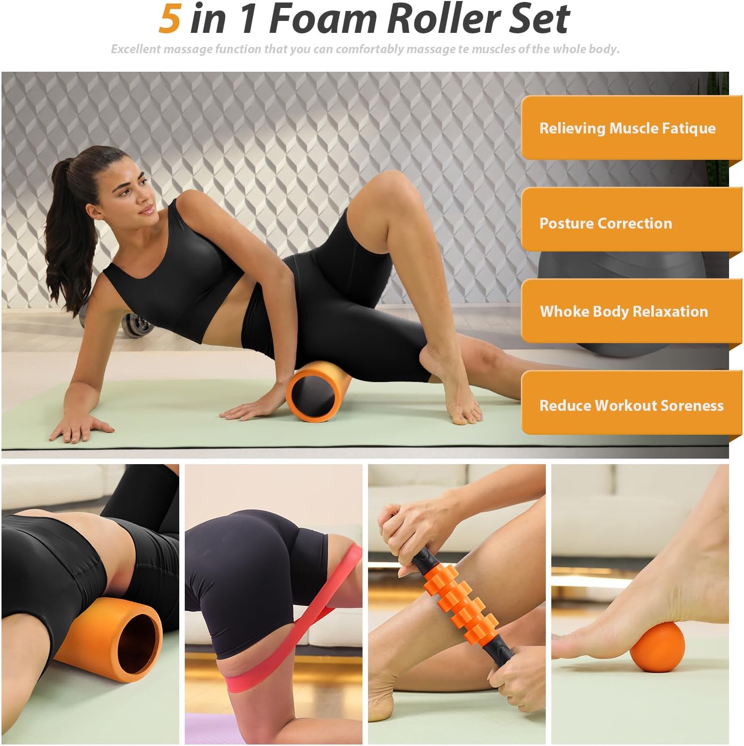 5 in 1 Foam Roller Set - Trigger Point Foam Back Roller, Muscle Roller Stick, Massage Ball, Stretching Band for Deep Muscle Massage Pilates Yoga,Fitness Exercise for Whole Body Release (Pure Orange) - Image 7