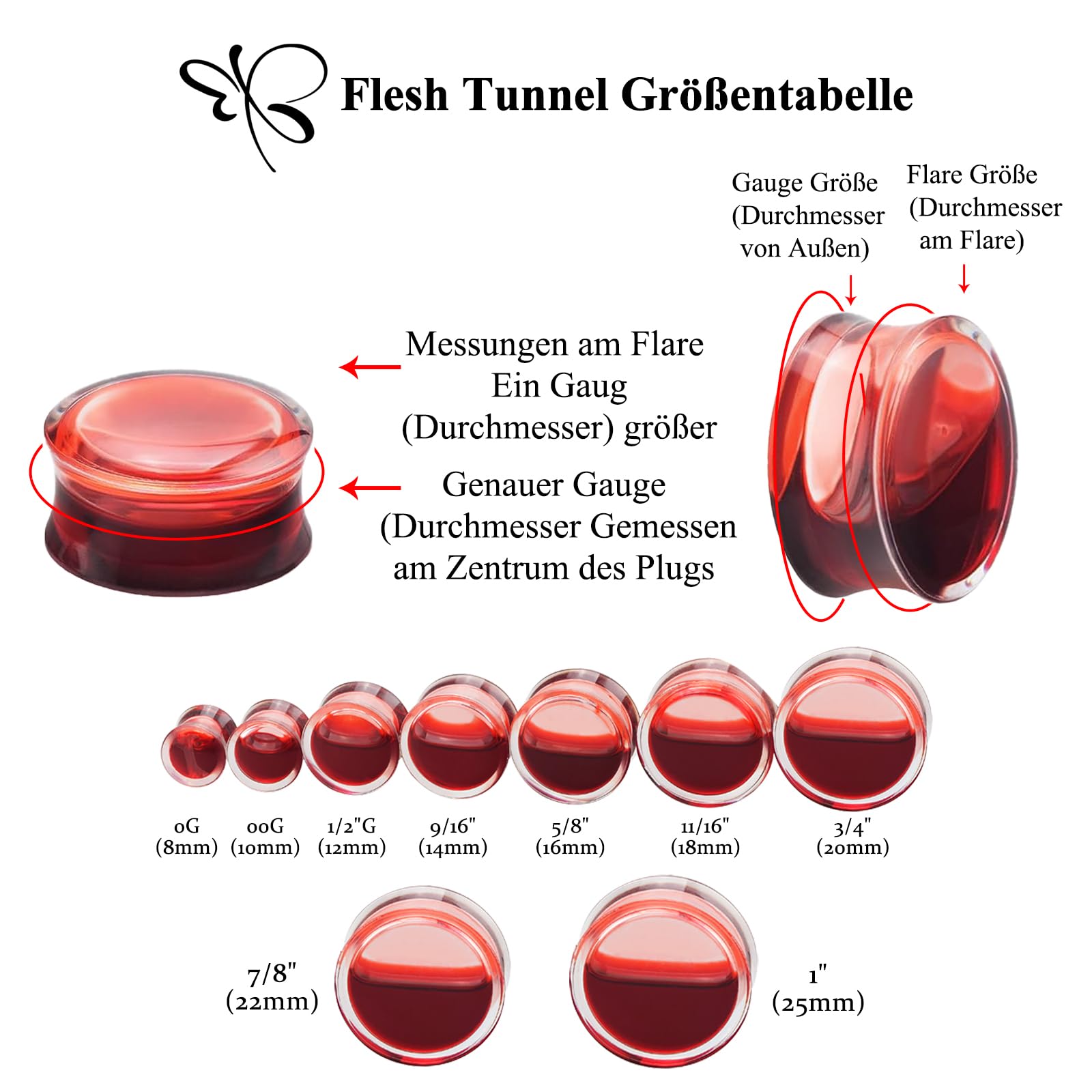Longbeauty 2 Stück Acryl Ohr Plugs Halloween 8mm-25mm Blut Rot Flüssigkeit Double Flare Plug Piercing Dehn Schmuck Damen Herren Ohrstöpsel Eye-Catcher