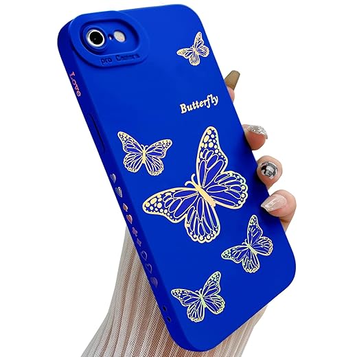 Qokey for iPhone SE 2022/SE 2020/iPhone 8/iPhone 7 Case,Side Cute Plated Love Heart Bling Butterfly with Full Camera Lens Cover Protection Soft TPU Shockproof Phone Case for Women Girls Men,RoyalBlue