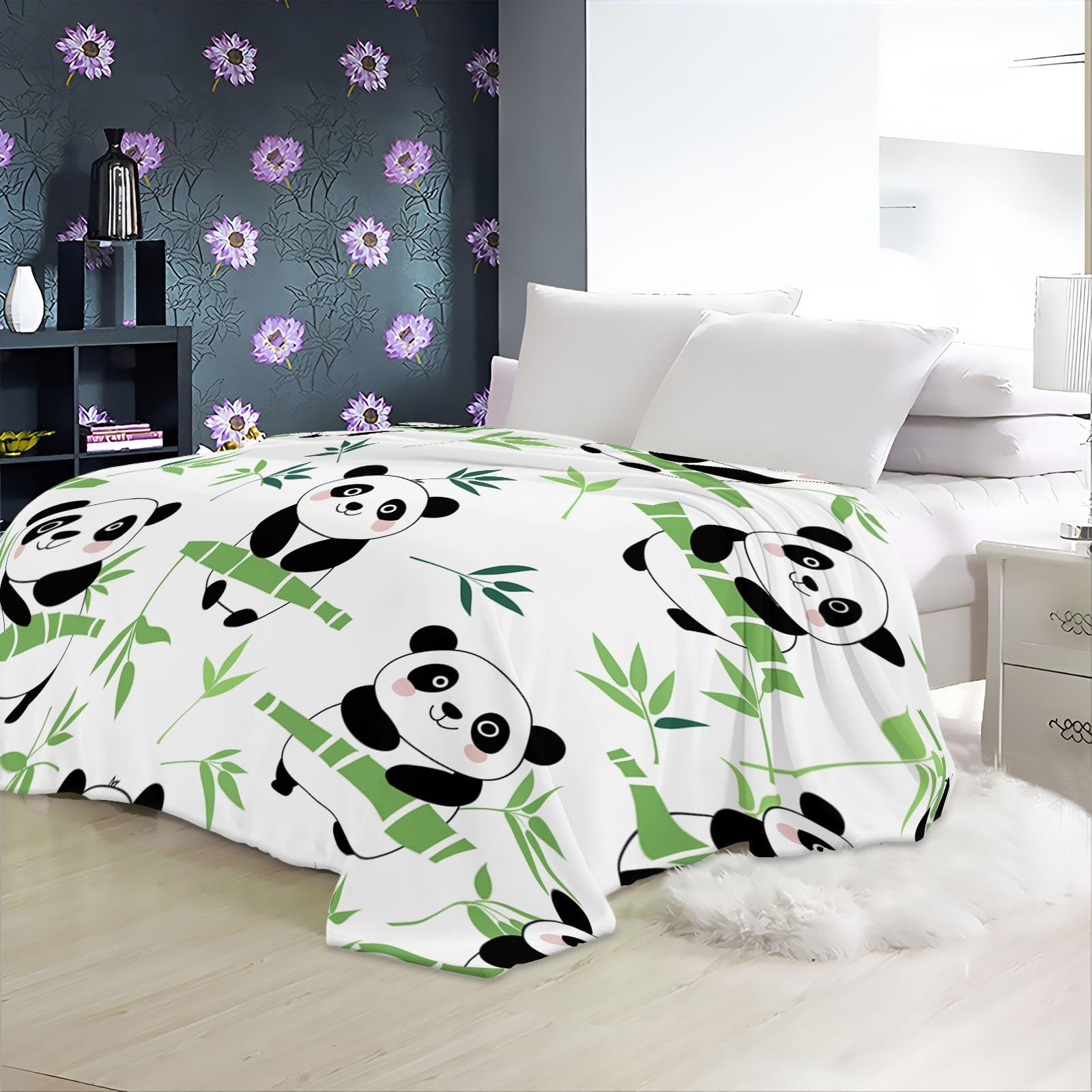 Plaid Couverture Polaire Dessin Animé Panda Géant Bambou Vert 220x240 cm Couverture Flanelle pour Lits Canapés, Couverture Sherpa Douce Et Chaude, Couverture Imprimée Enfants et Adultes