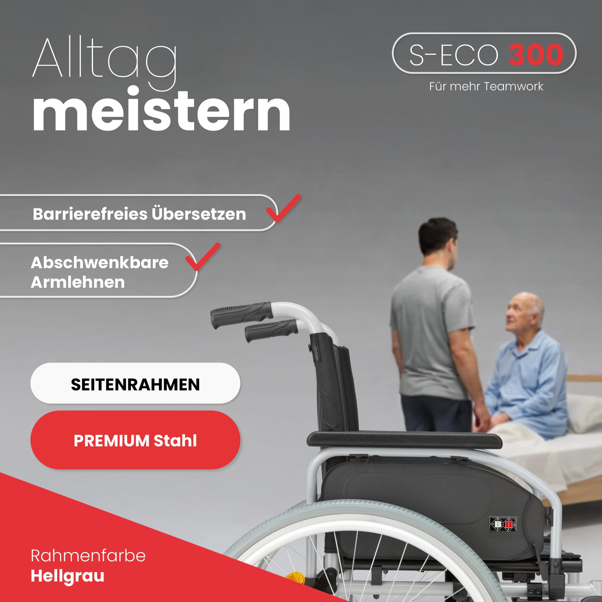 Bischoff & Bischoff® S-Eco 300 Fauteuil roulant pliable léger - Hauteur d'assise réglable - Fauteuil roulant de voyage pliable avec fourche en métal - Accoudoirs Duo (largeur d'assise 52 cm)