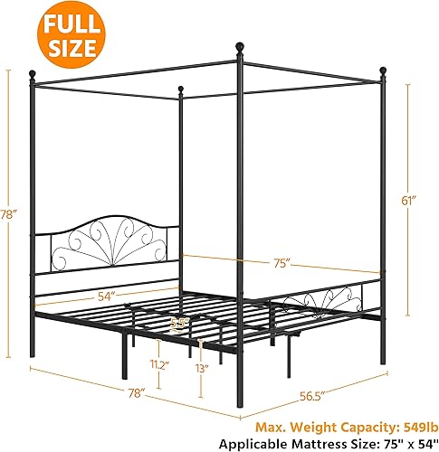 Miniatura 2 de Yaheetech Marco de cama con dosel completo, elegante cama con dosel de metal, cama de plataforma con dosel de cuatro pósteres con cabecera arqueada,