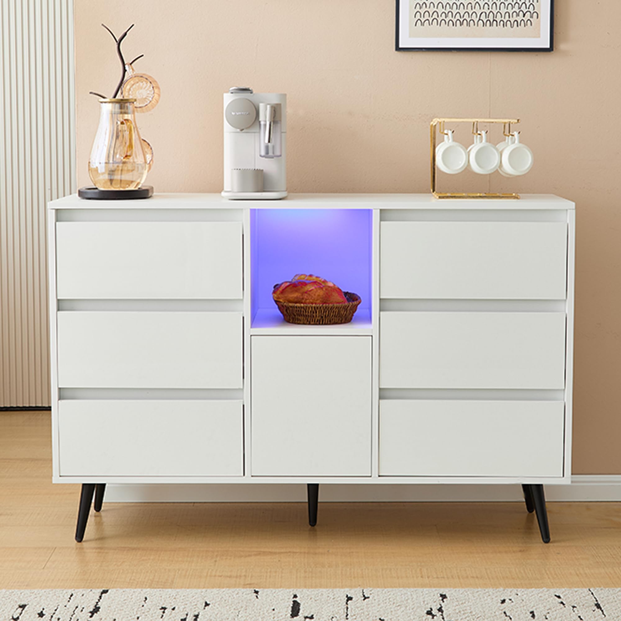 Moderna credenza bianca con illuminazione a LED, 6 cassetti silenziosi, porte push-open, finitura lucida, gambe in metallo nero opaco, 120 x 40 x 80 cm, ideale per cucina, sala da pranzo e soggiorno