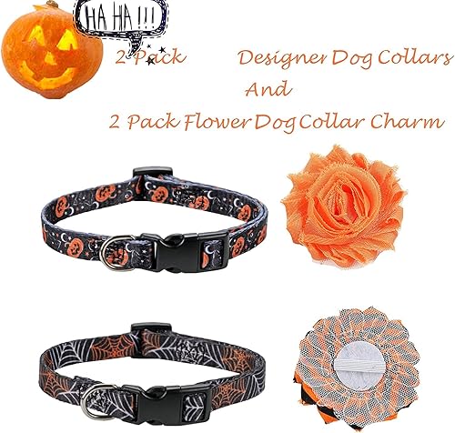 Miniatura 2 de Collar de perro de Halloween con flor desmontable, collar de calabaza de araña para mascotas pequeñas y cachorros