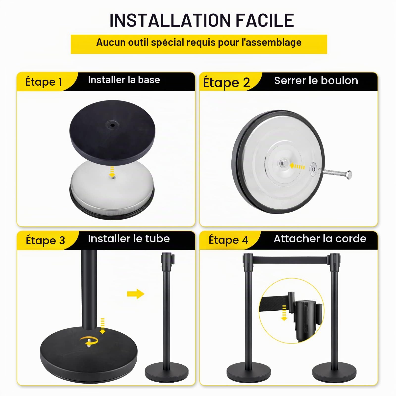 VEVOR Poteau de guidage, 4 pcs, barrière de balisage pour contrôle de foules avec sangle rétractable noire 2 m, ruban de barrière, support de barrière avec base en béton et métal, pour théâtre, hôtel