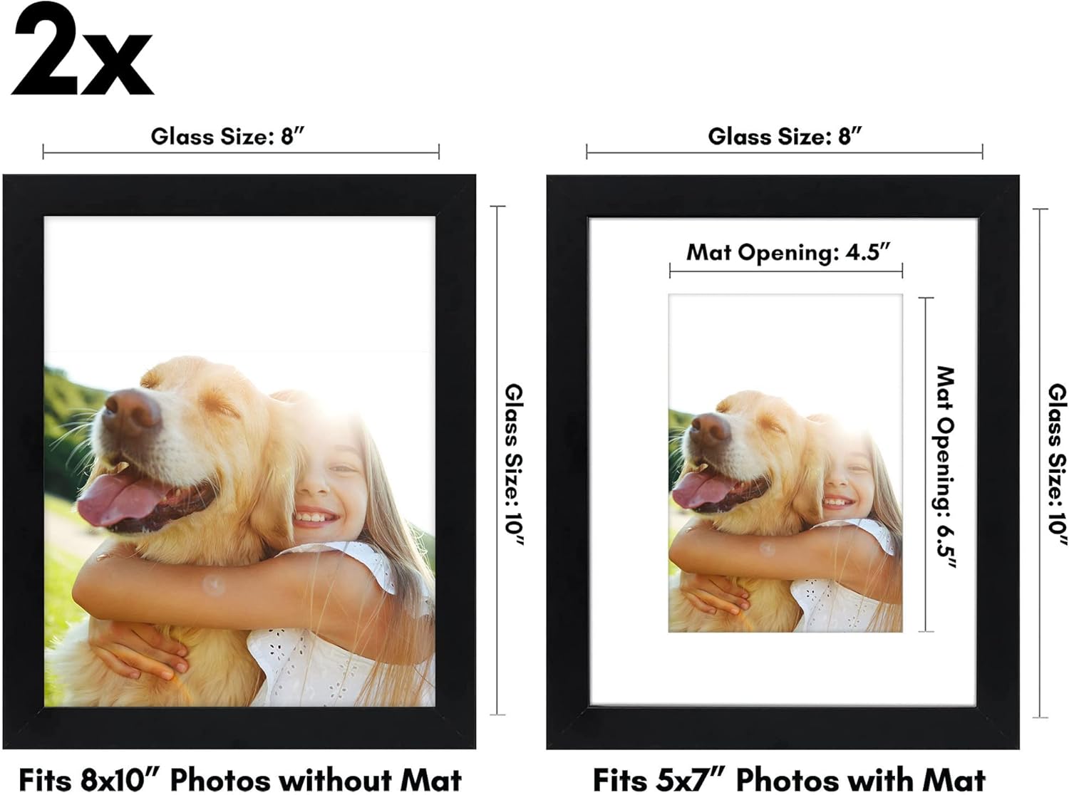 Americanflat 8x10 Picture Frame with Shatter-Resistant Glass - Set of 2 - Use as 5x7 Frame with Mat or Display 8x10 Photo Without Mat - Signature Collection - Photo Frames for Tabletop or Wall - Black - Image 2