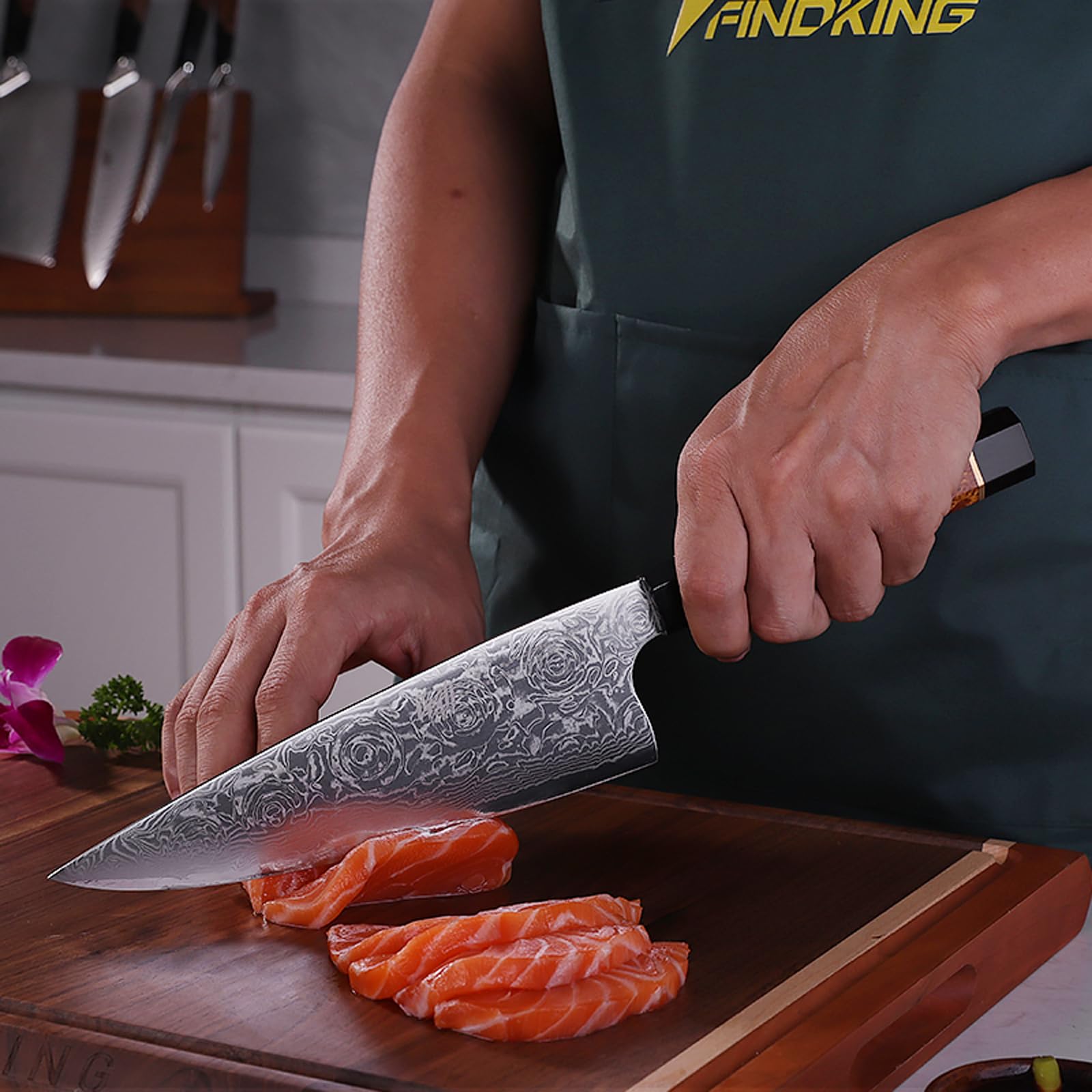 FINDKING Gyuto Messer 19,8cm, Damaststahl Kochmesser BLACK-ROSE Serie | Gyuto Messer, 19,8cm Klinge, Damaststahl, Japanischer Stil, Kochmesser, Präzisionsschnitt, Fleisch Gemüse Küche