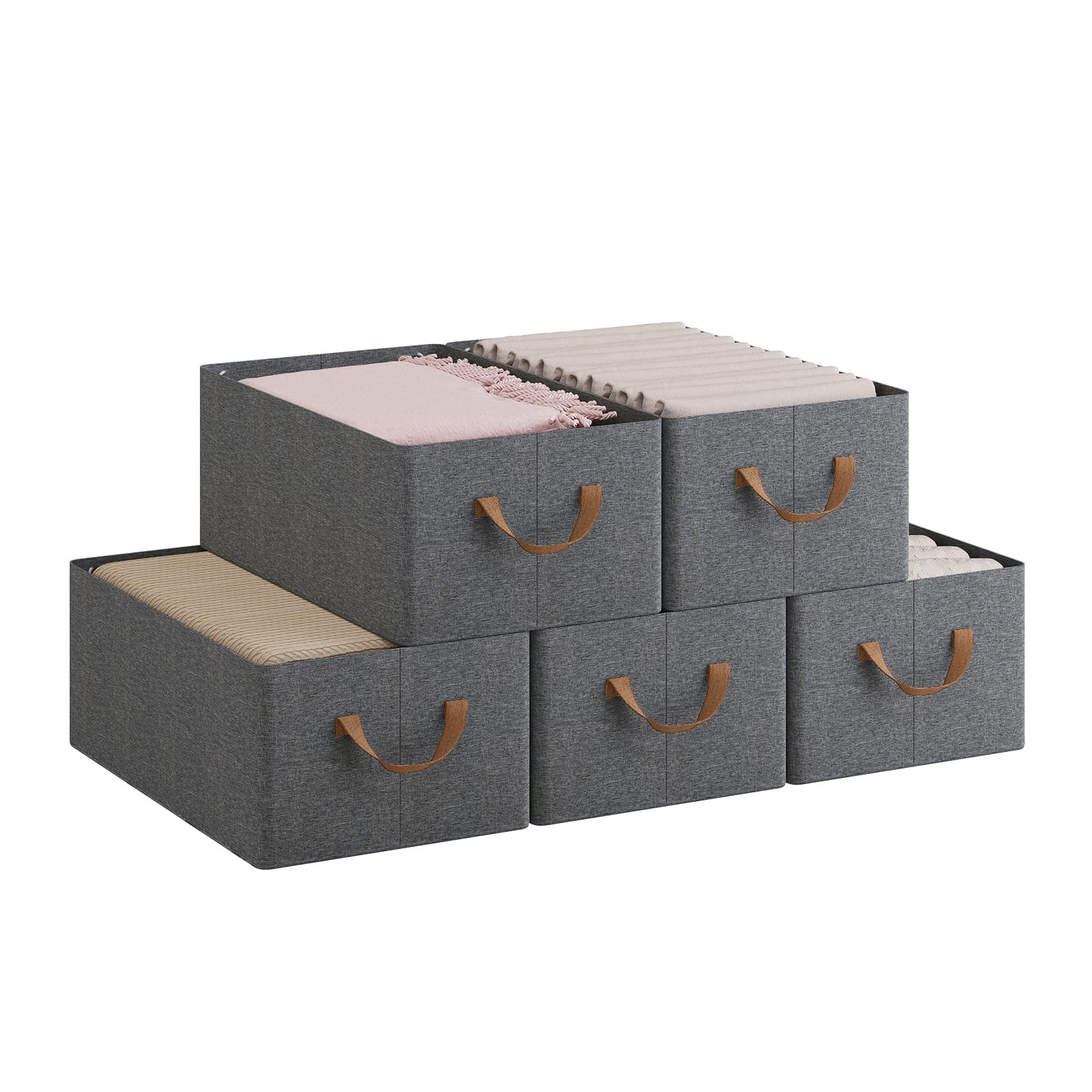 WOLTU ABB09gbn-5-UK Foldable Storage Boxes Set of 5, Fabric Storage Cubes with Handles, Stacking Boxes for Clothes and Toys, Grey, 47 x 28 x 20 cm โ image 1