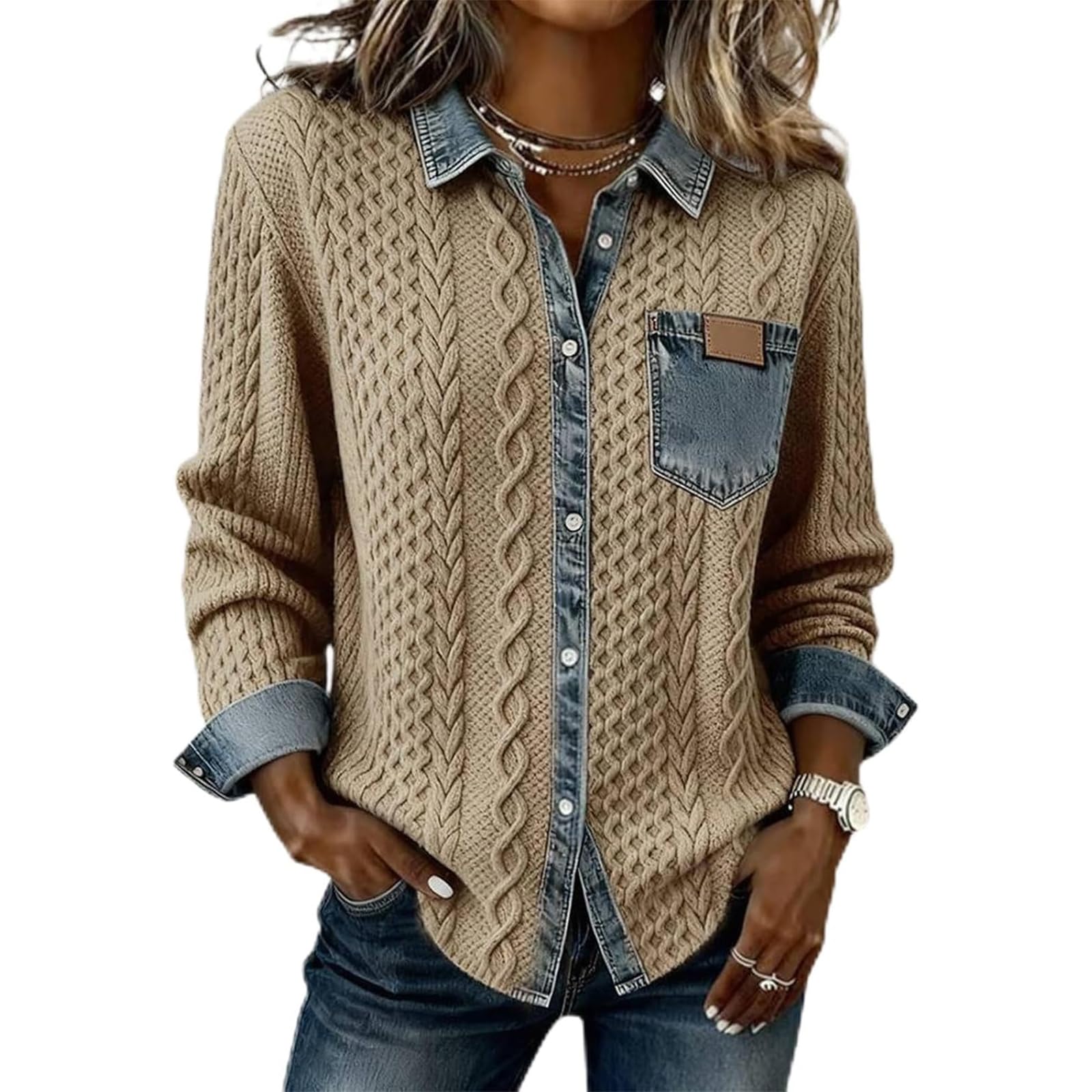 Women Denim Collar Knit Sweater Long Sleeve Button V Neck Patchwork Pullover Casual Retro Tops for Fall Winter